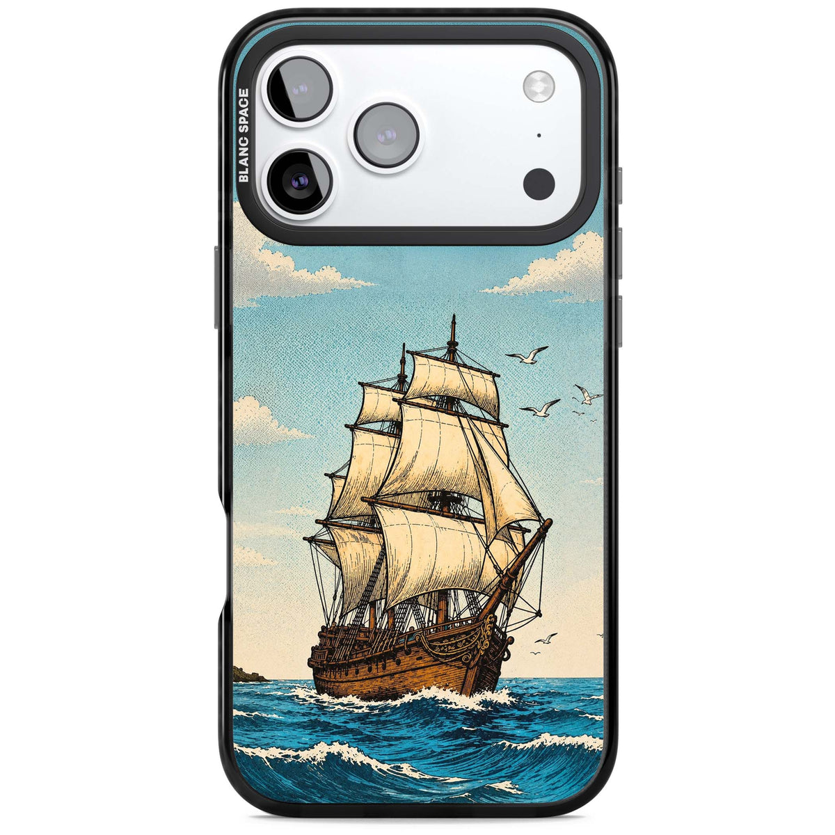 Ship at Sea nautical iPhone case featuring a vintage tall ship, ocean waves and seagulls | Clear Impact case for iPhone 17 Pro, iPhone 17 Pro Max