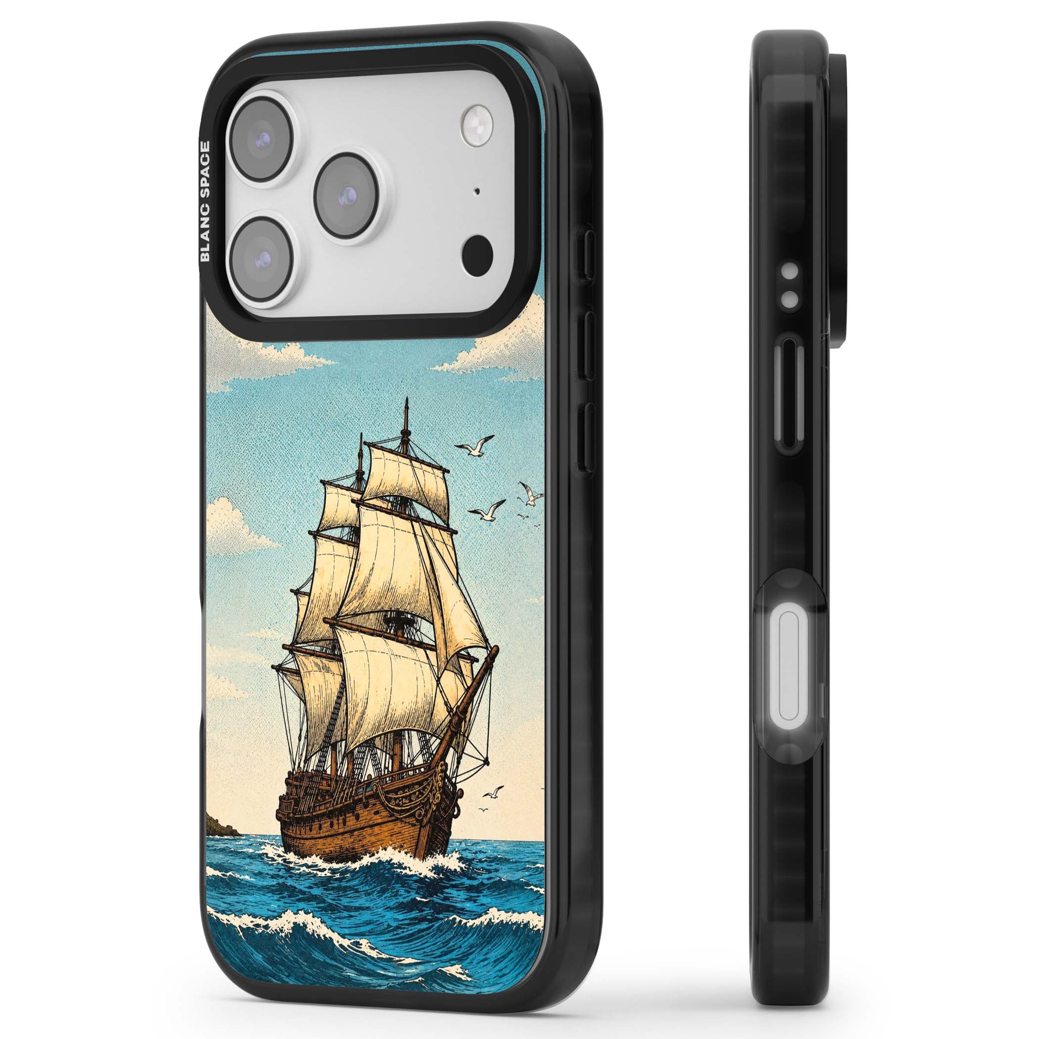 Ship at Sea nautical iPhone case featuring a vintage tall ship, ocean waves and seagulls | Clear Impact case for iPhone 17 Pro, iPhone 17 Pro Max