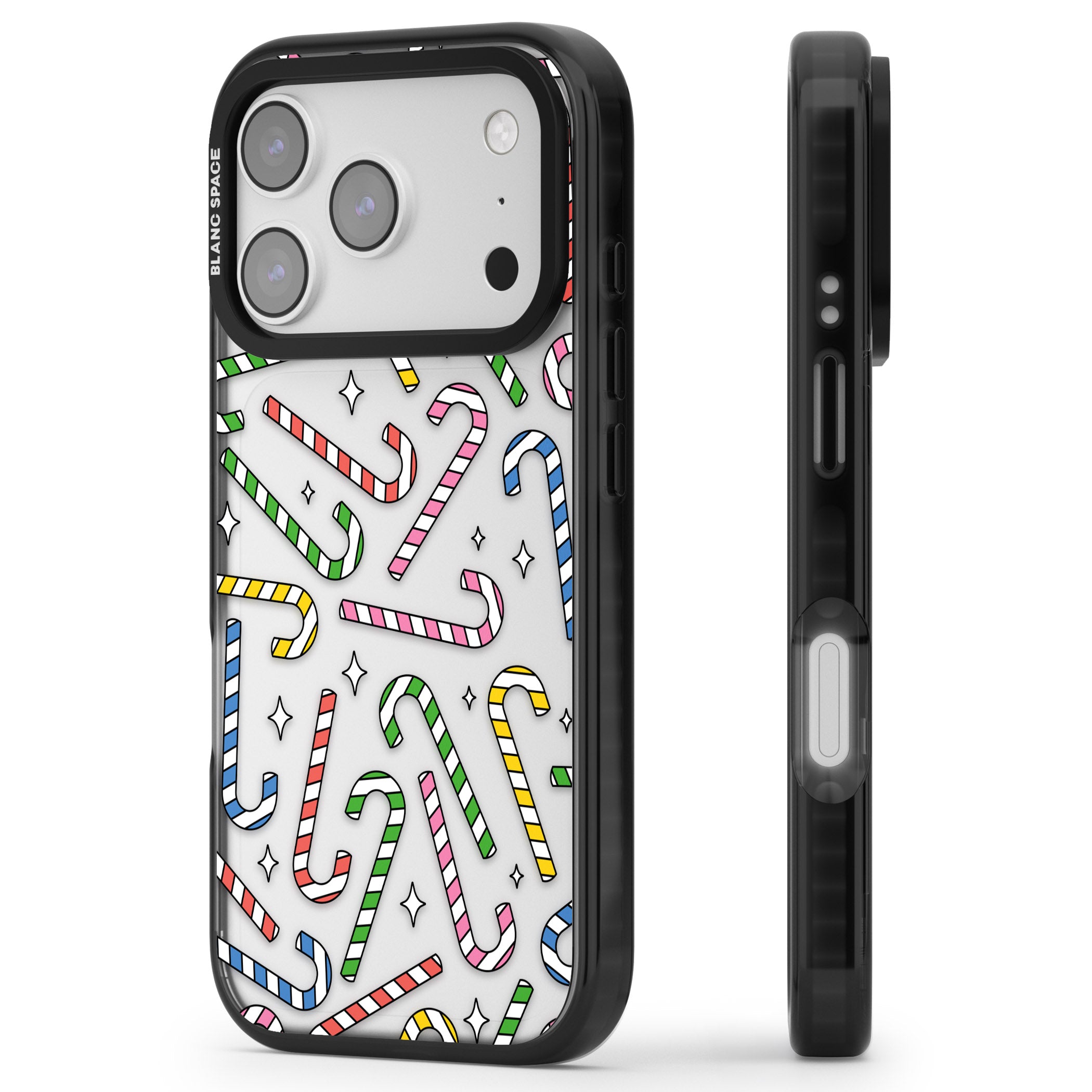 Colourful Stars & Candy Canes iPhone 17 Pro Max Impact Black Phone Case Side Profile