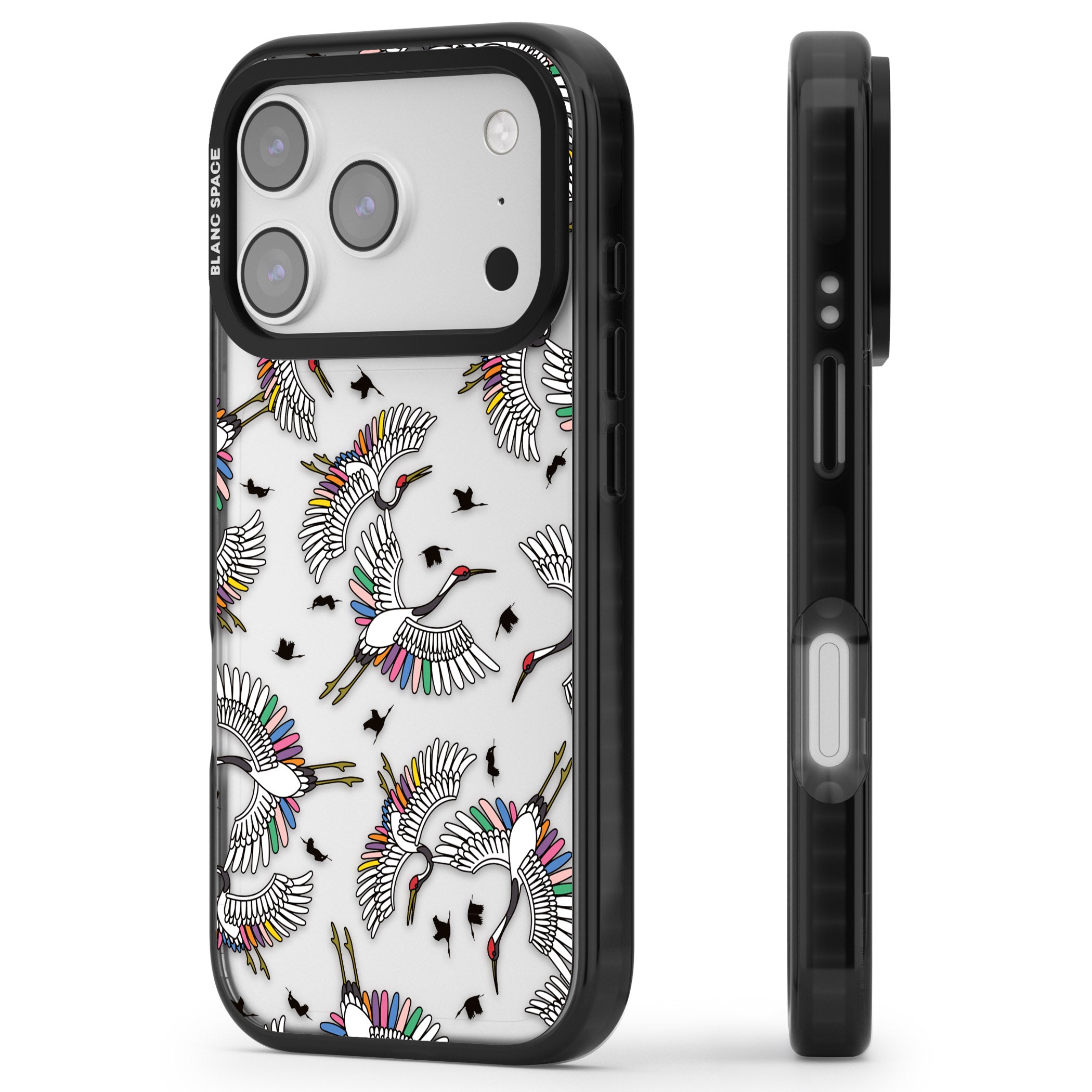 Colourful Crane Pattern iPhone 17 Pro Max Impact Black Phone Case Side Profile