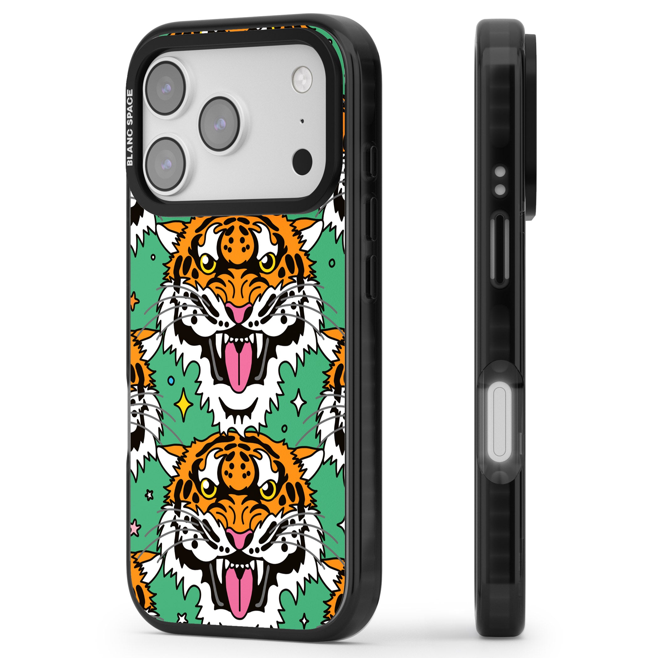 Fierce Jungle Tigers (Green) iPhone 17 Pro Max Impact Black Phone Case Side Profile