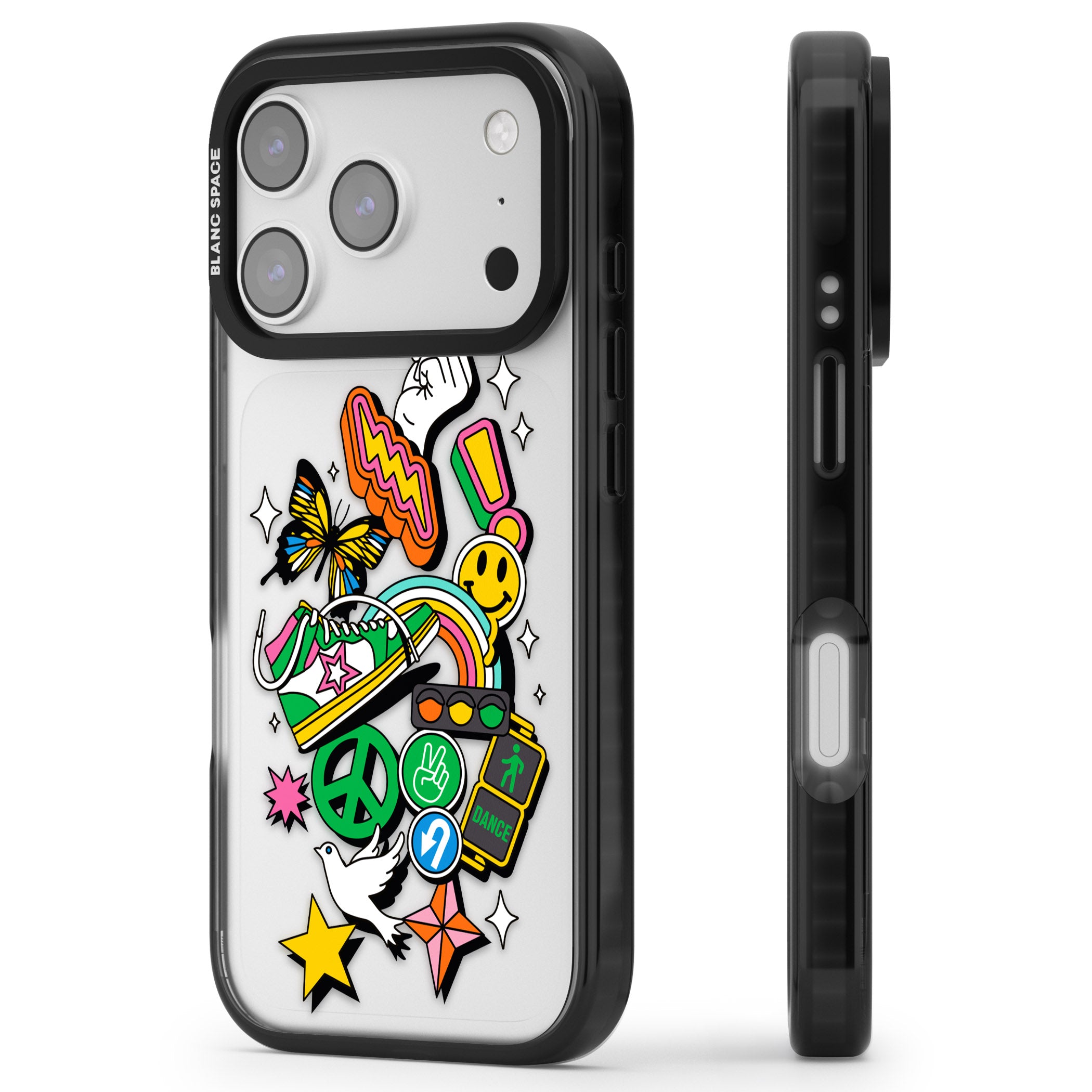 Nostalgic Sticker Collage iPhone 17 Pro Impact Black Phone Case Side Profile