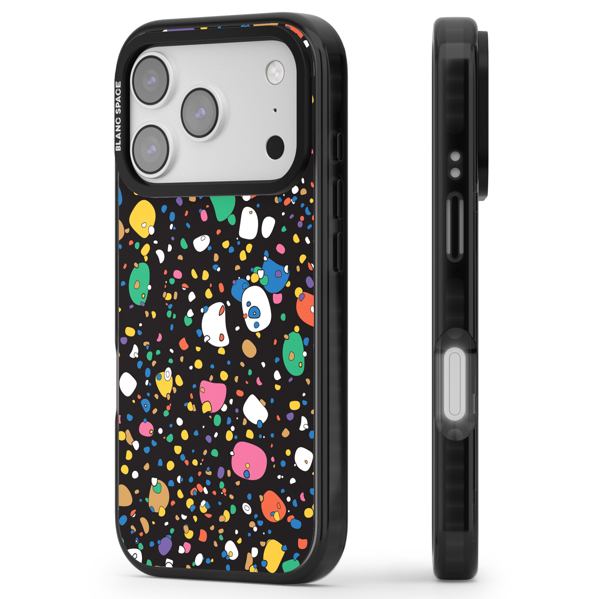 Colourful Confetti Pebbles (Black) iPhone 17 Pro Max Impact Black Phone Case Side Profile