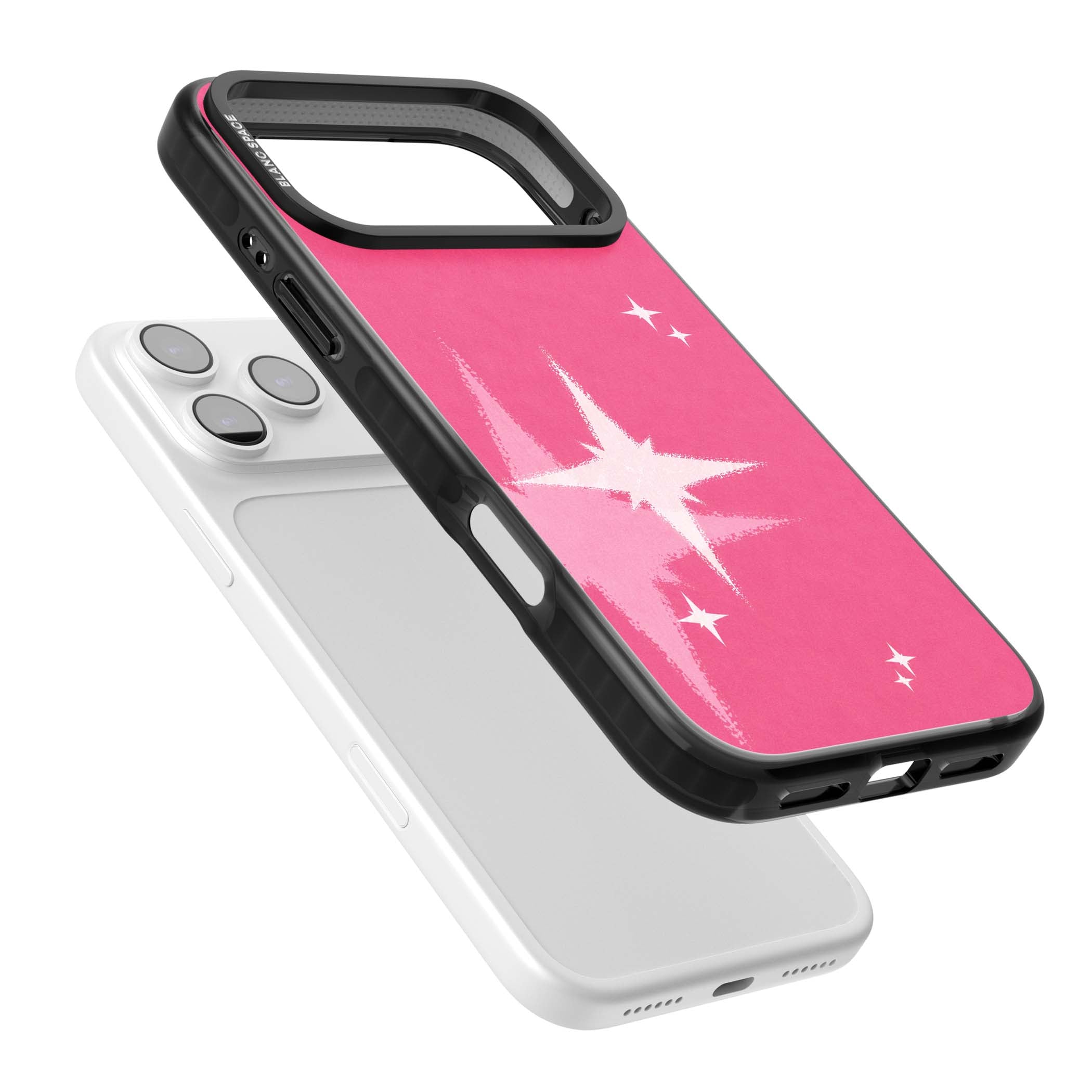 Pink Sparkle Y2K iPhone case featuring hot pink background with shimmering white starburst pattern | Clear Impact case for iPhone 17 Pro, iPhone 17 Pro Max