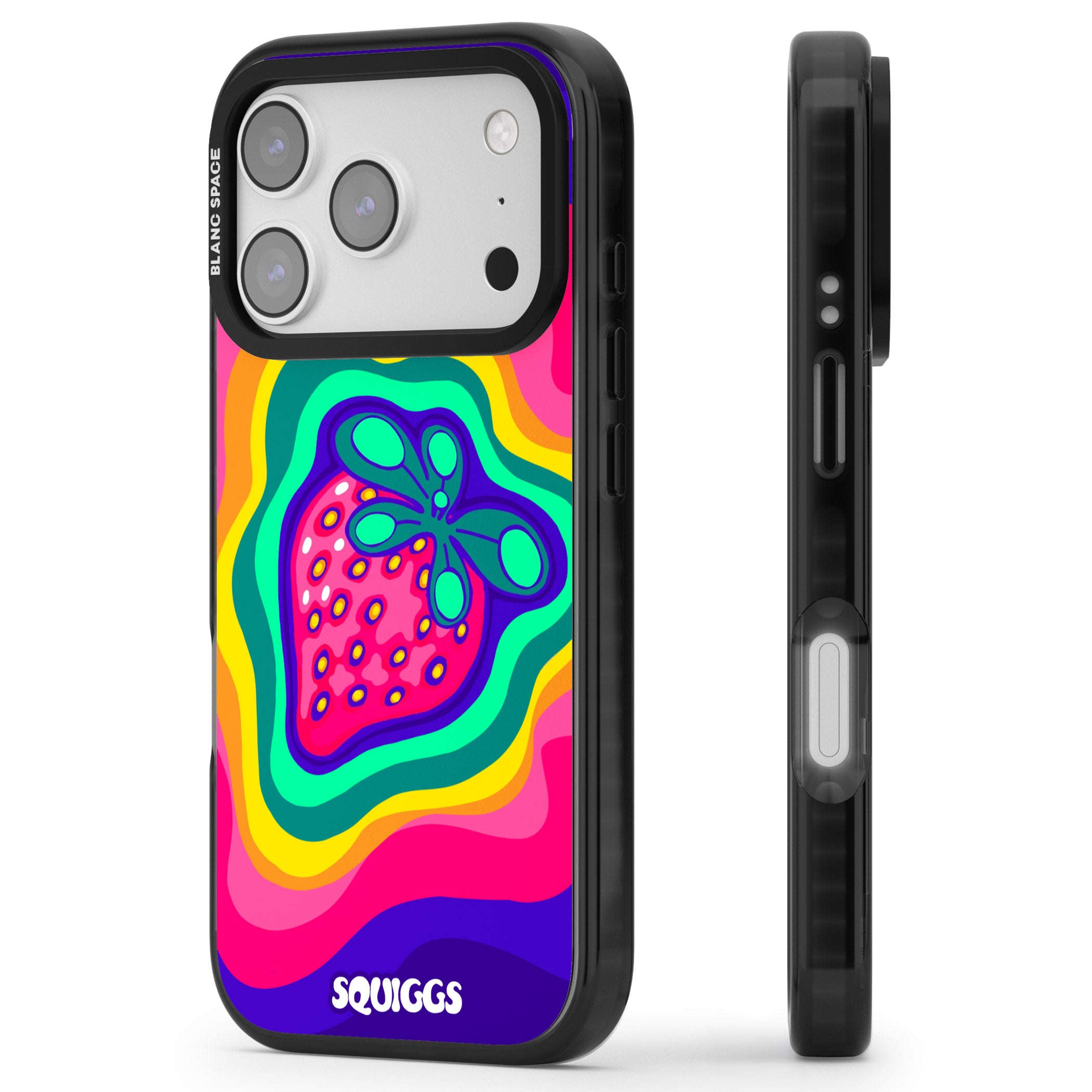 Strawberry Rainbow iPhone 17 Pro Impact Black Phone Case Side Profile