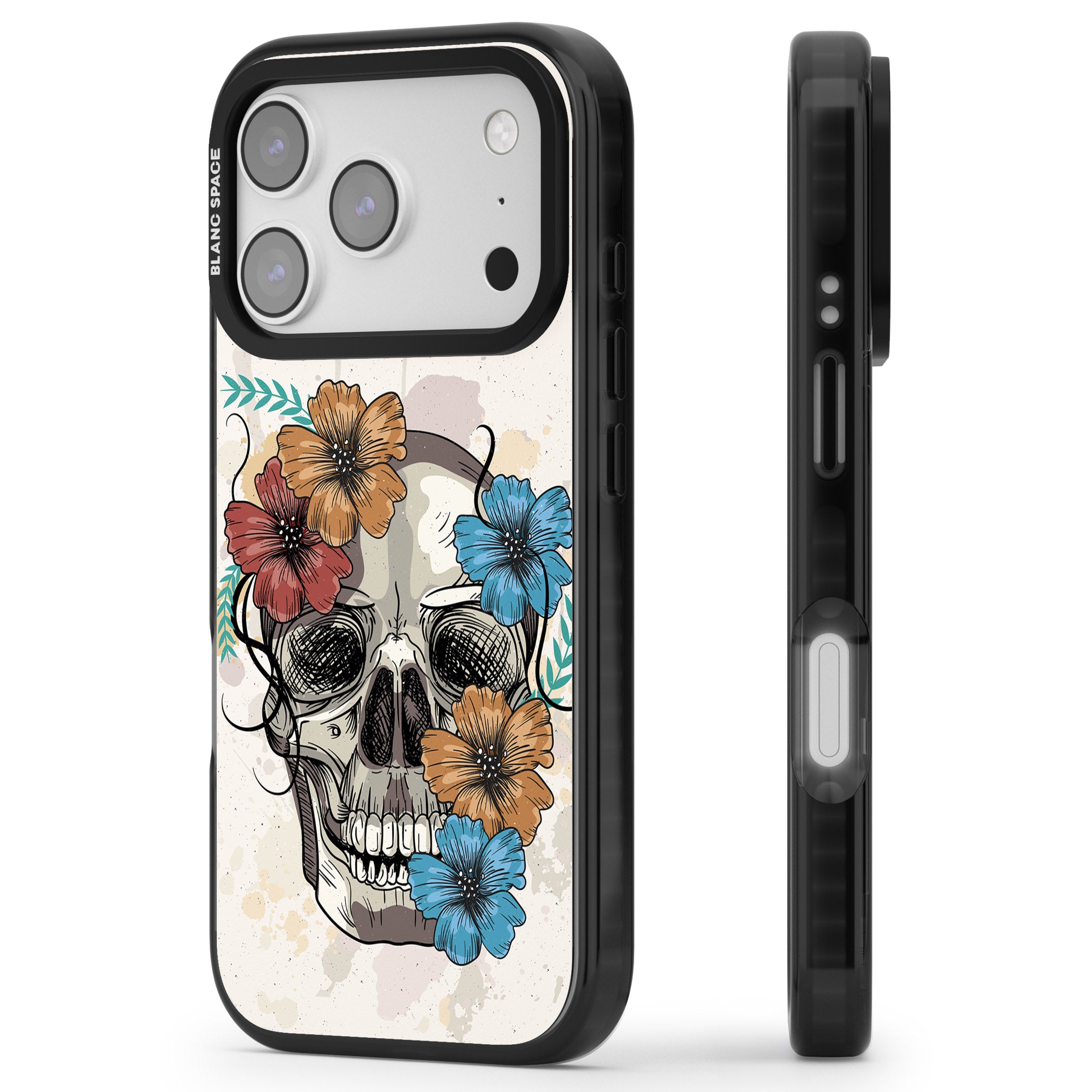 Sugar Skull Floral iPhone 17 Pro Max Impact Black Phone Case Side Profile