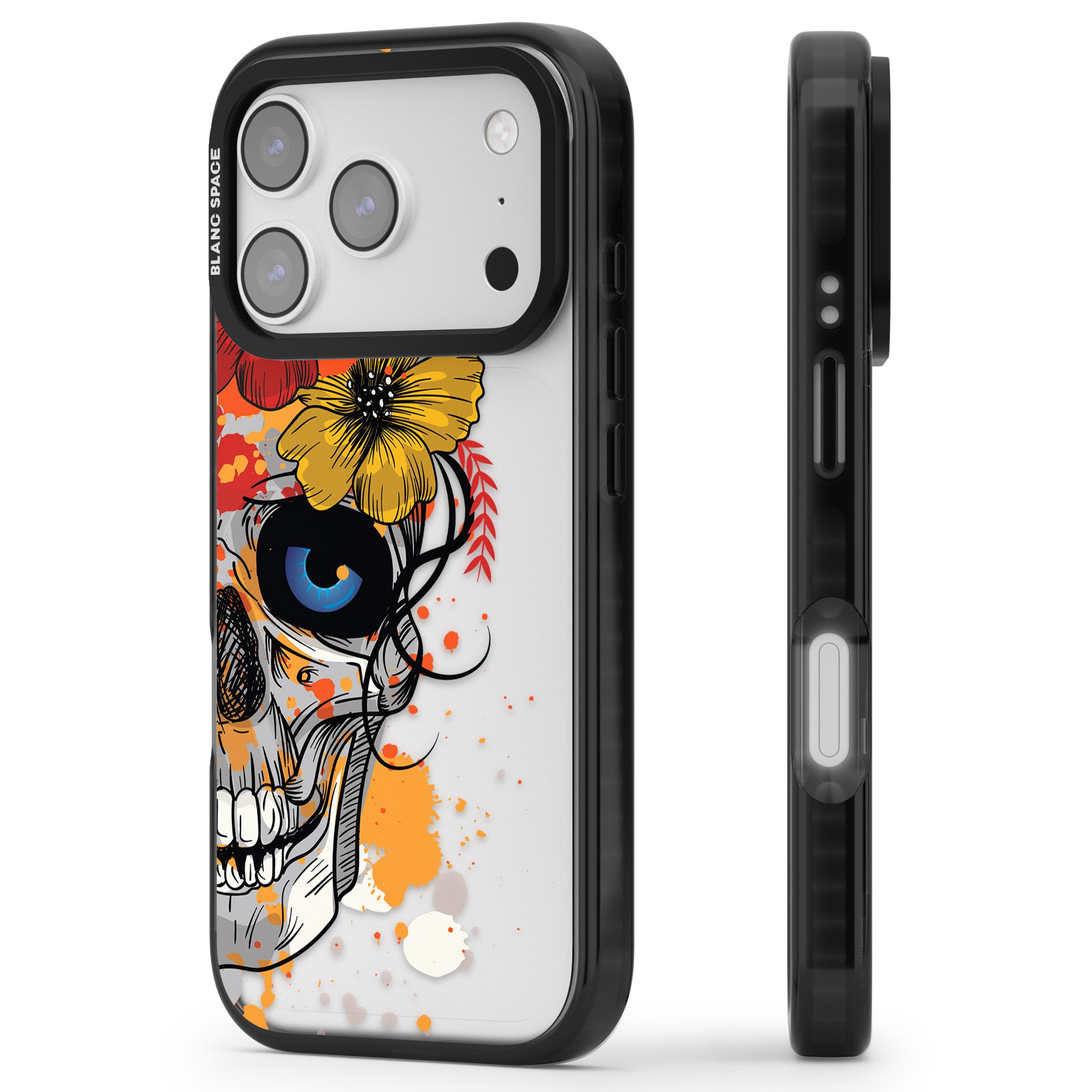 Sugar Skull Flowers iPhone 17 Pro Impact Black Phone Case Side Profile