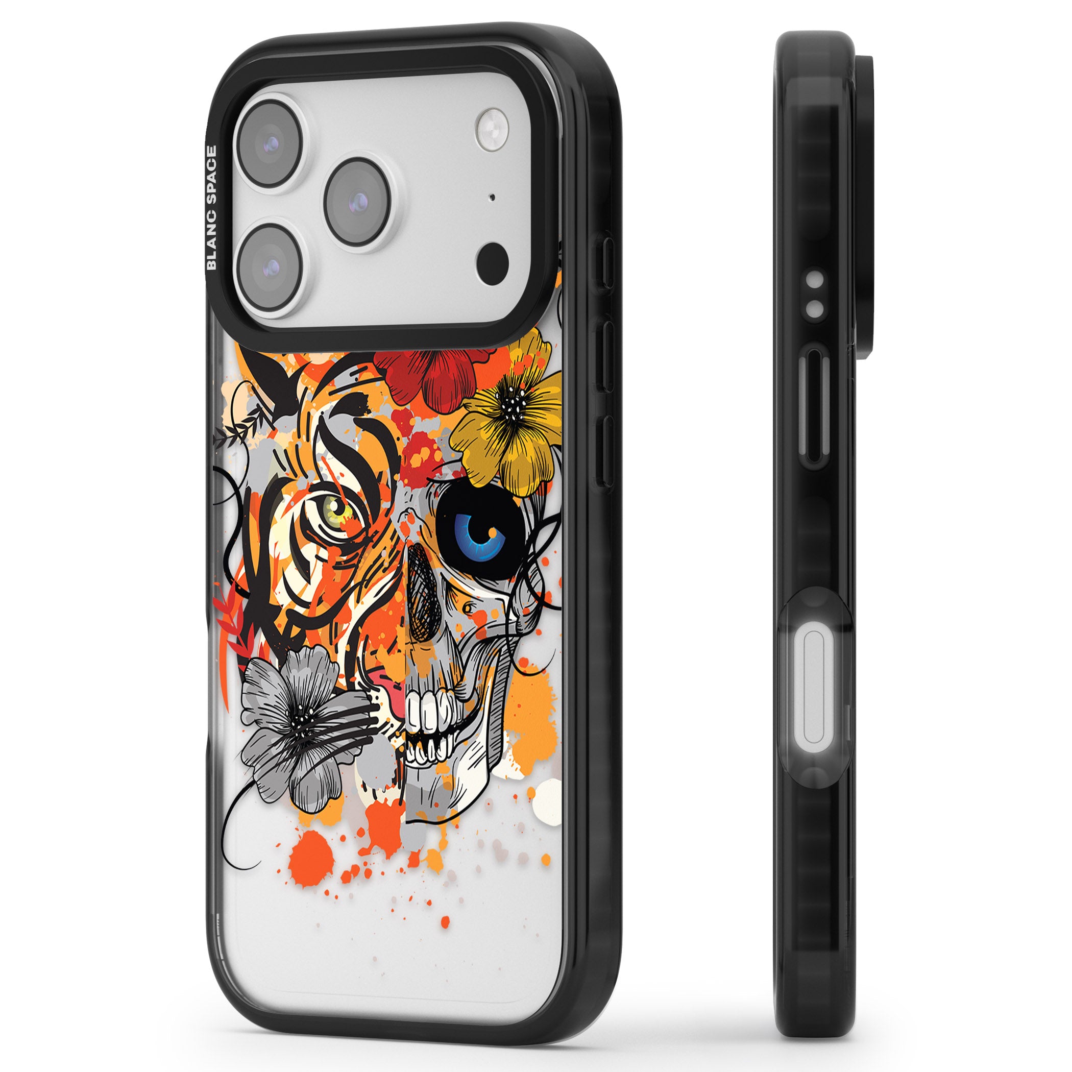 Sugar Skull Tiger Floral iPhone 17 Pro Impact Black Phone Case Side Profile