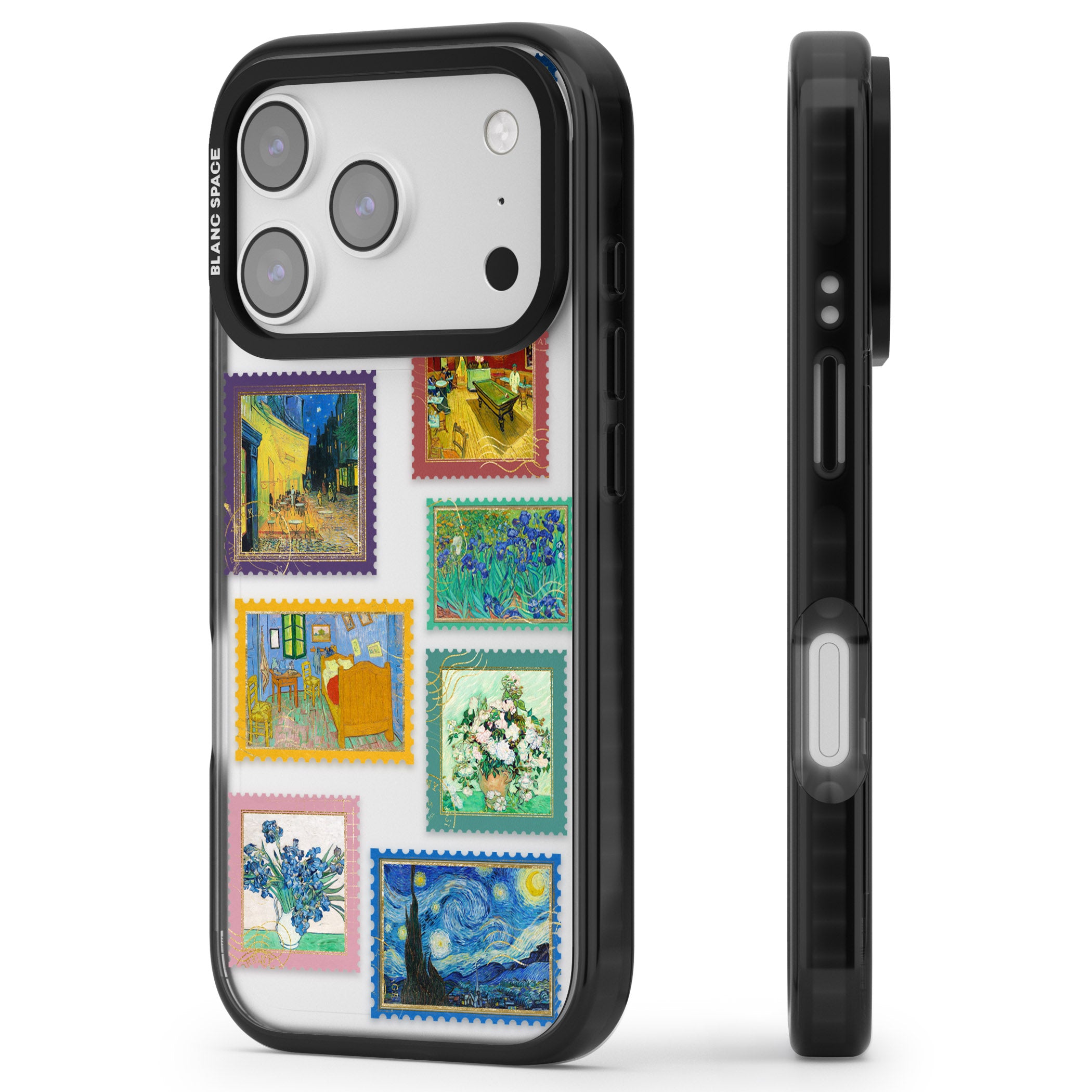 Colourful Vintage Art Stamps iPhone 17 Pro Max Impact Black Phone Case Side Profile