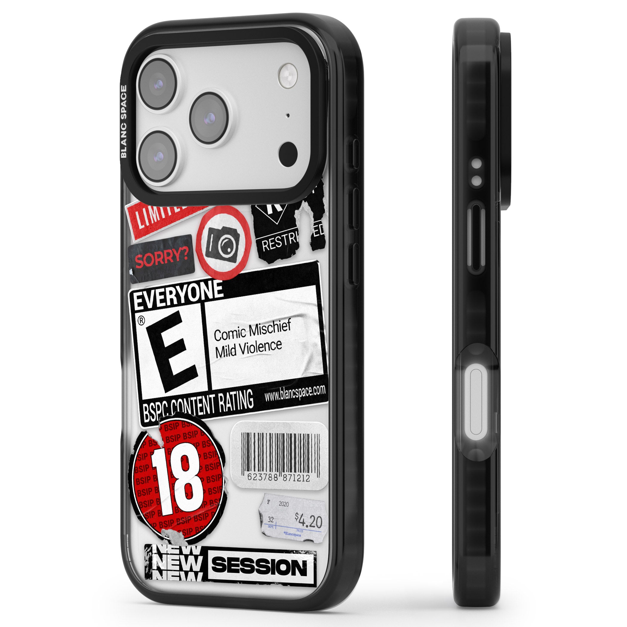 Rated 18+ Sticker Mix iPhone 17 Pro Impact Black Phone Case Side Profile