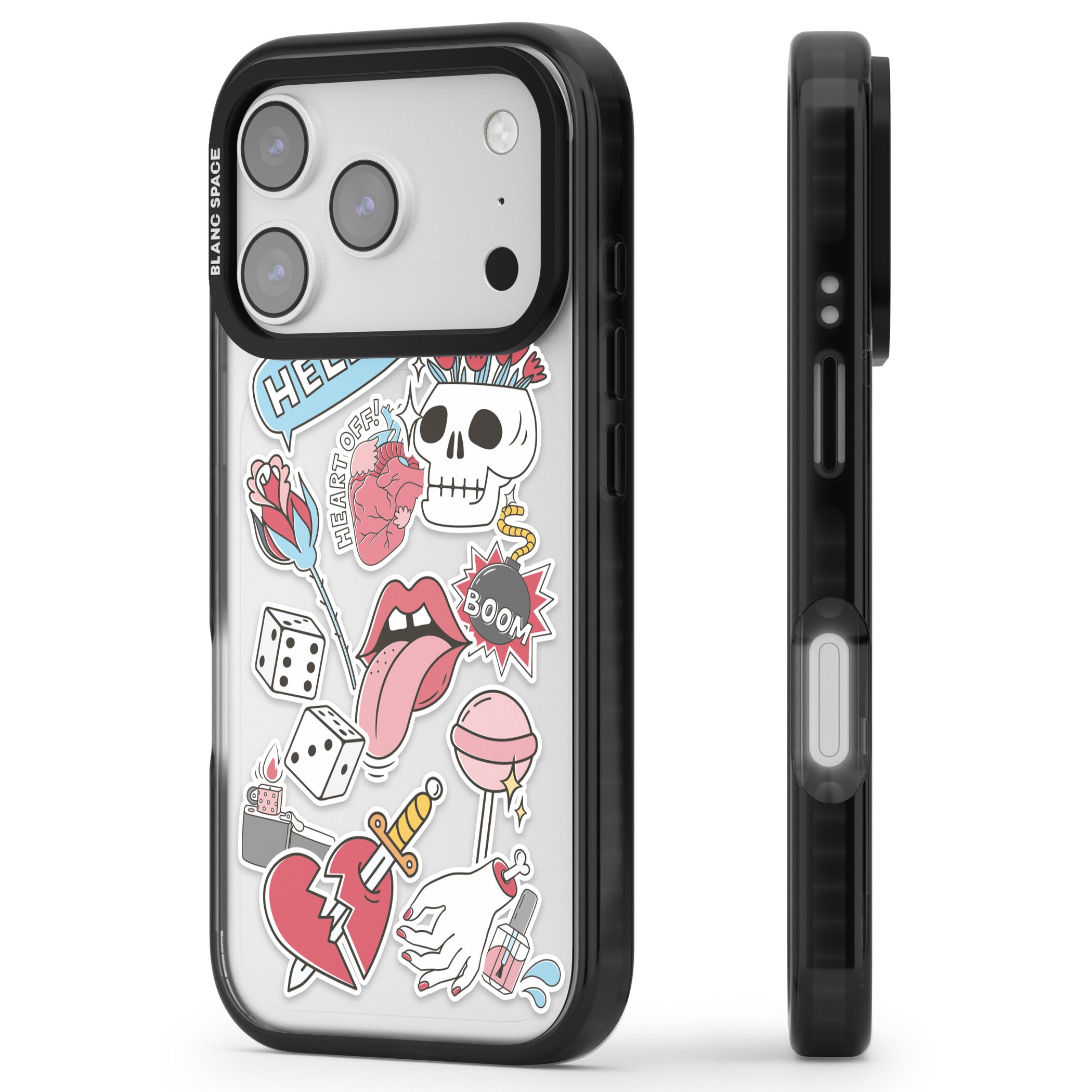 Skull & Flowers Stickers iPhone 17 Pro Impact Black Phone Case Side Profile