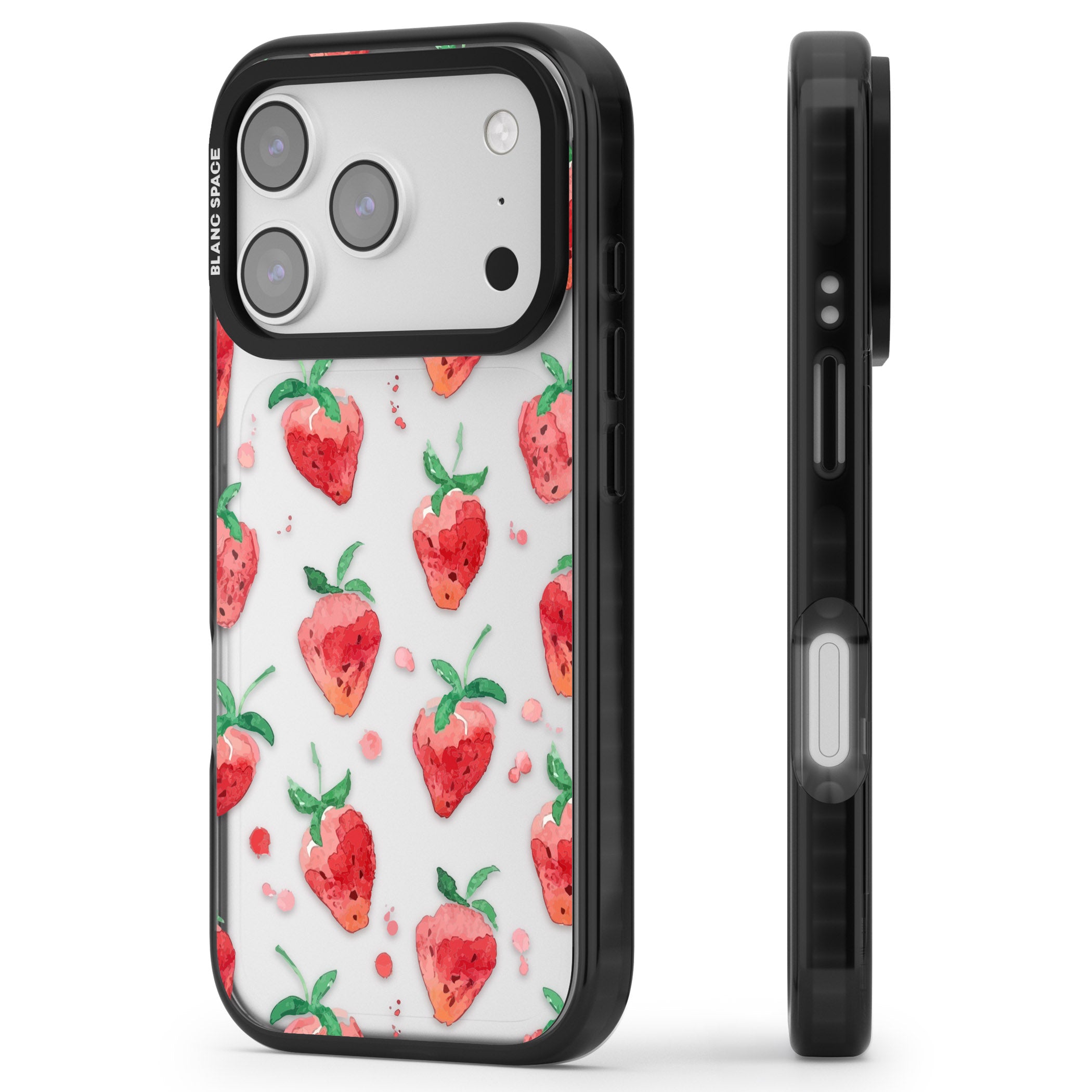 Strawberry Watercolour iPhone 17 Pro Impact Black Phone Case Side Profile