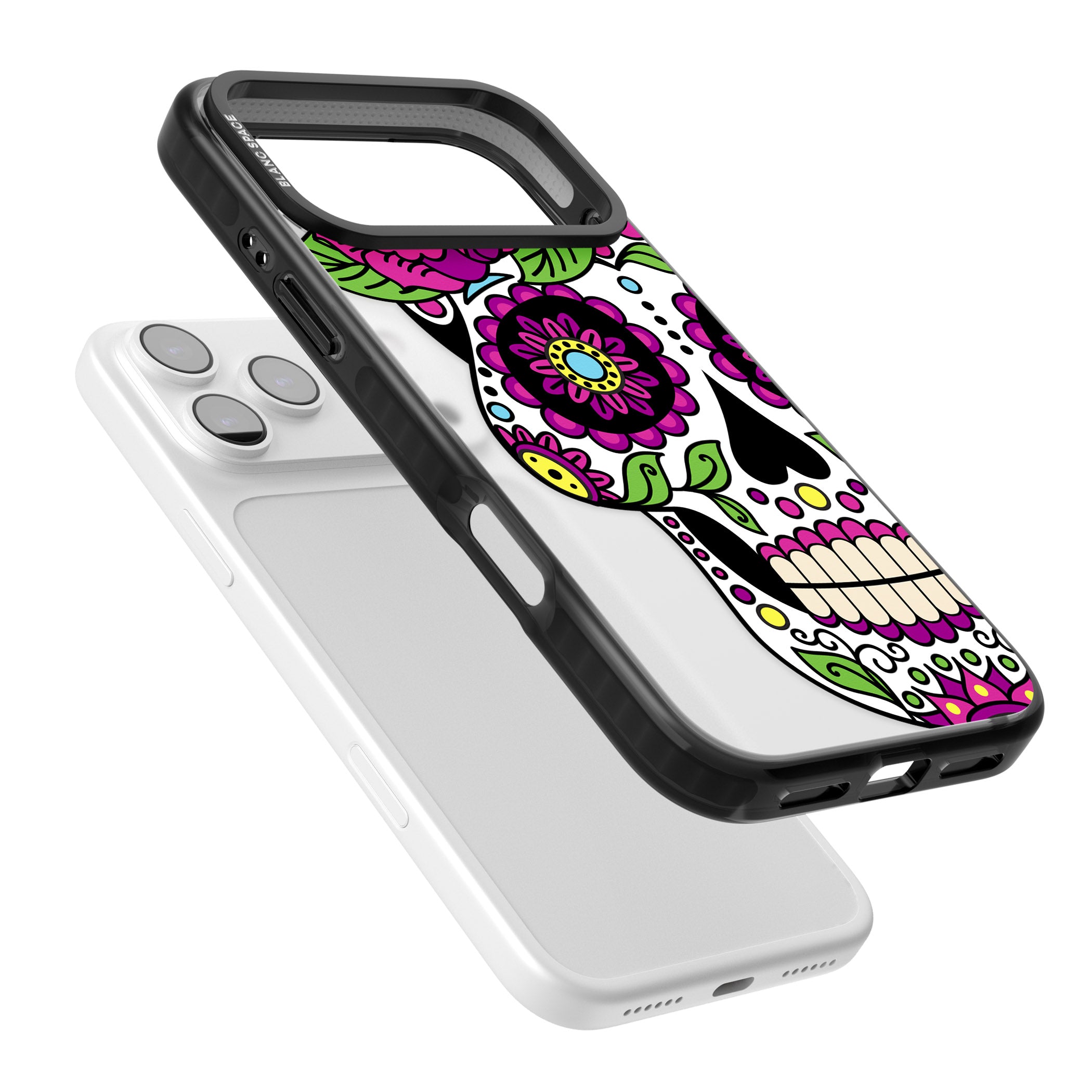Purple Floral Sugar Skull iPhone 17 Pro Max Impact Black Phone Case Colours
