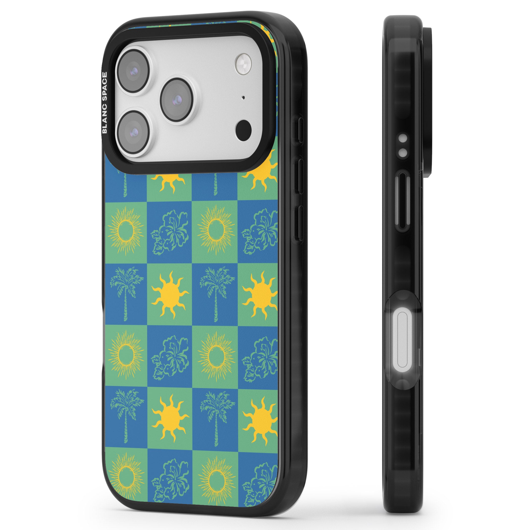 Green & Blue Tropical Checked iPhone 17 Pro Impact Black Phone Case Side Profile