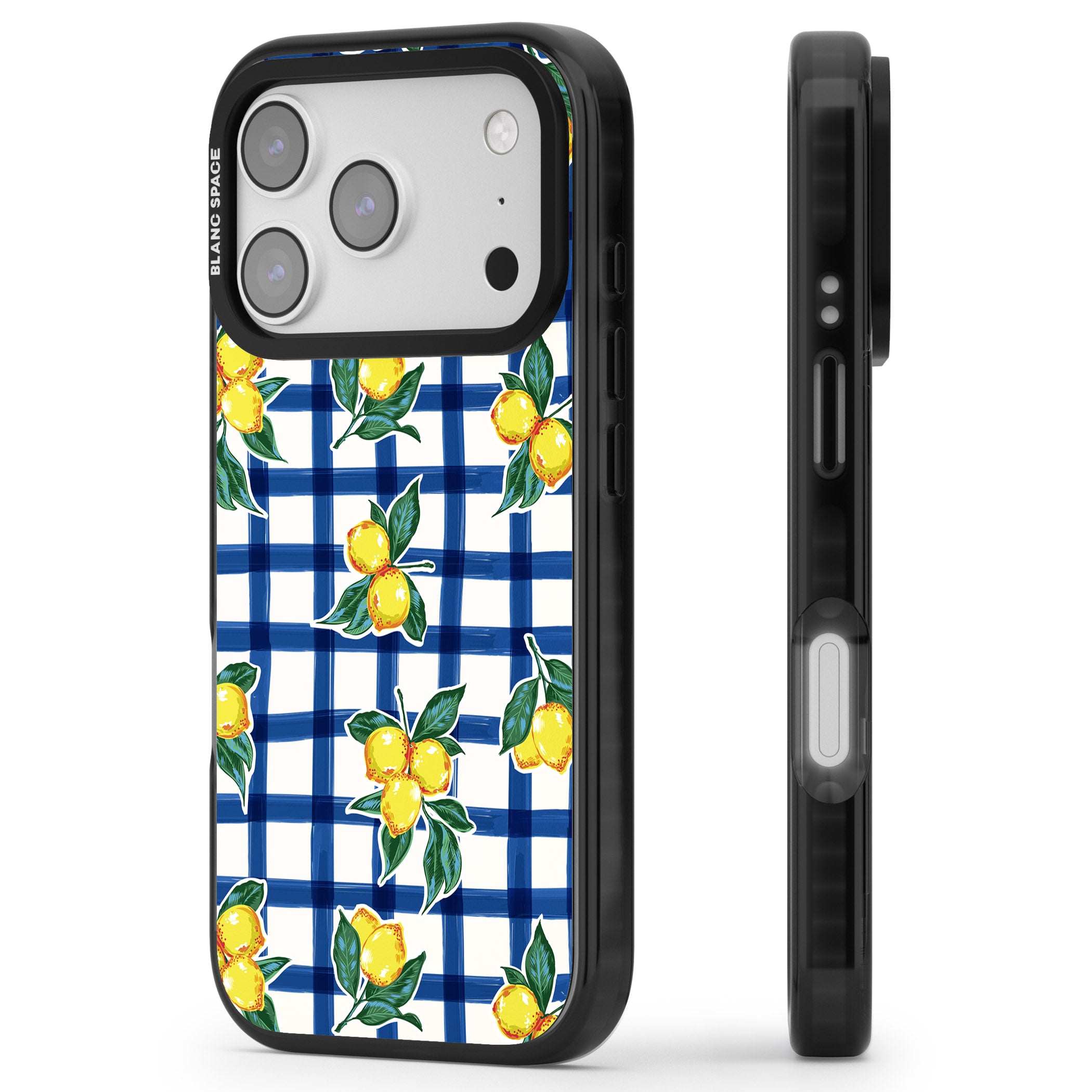 Lemon Gingham iPhone 17 Pro Impact Black Phone Case Side Profile