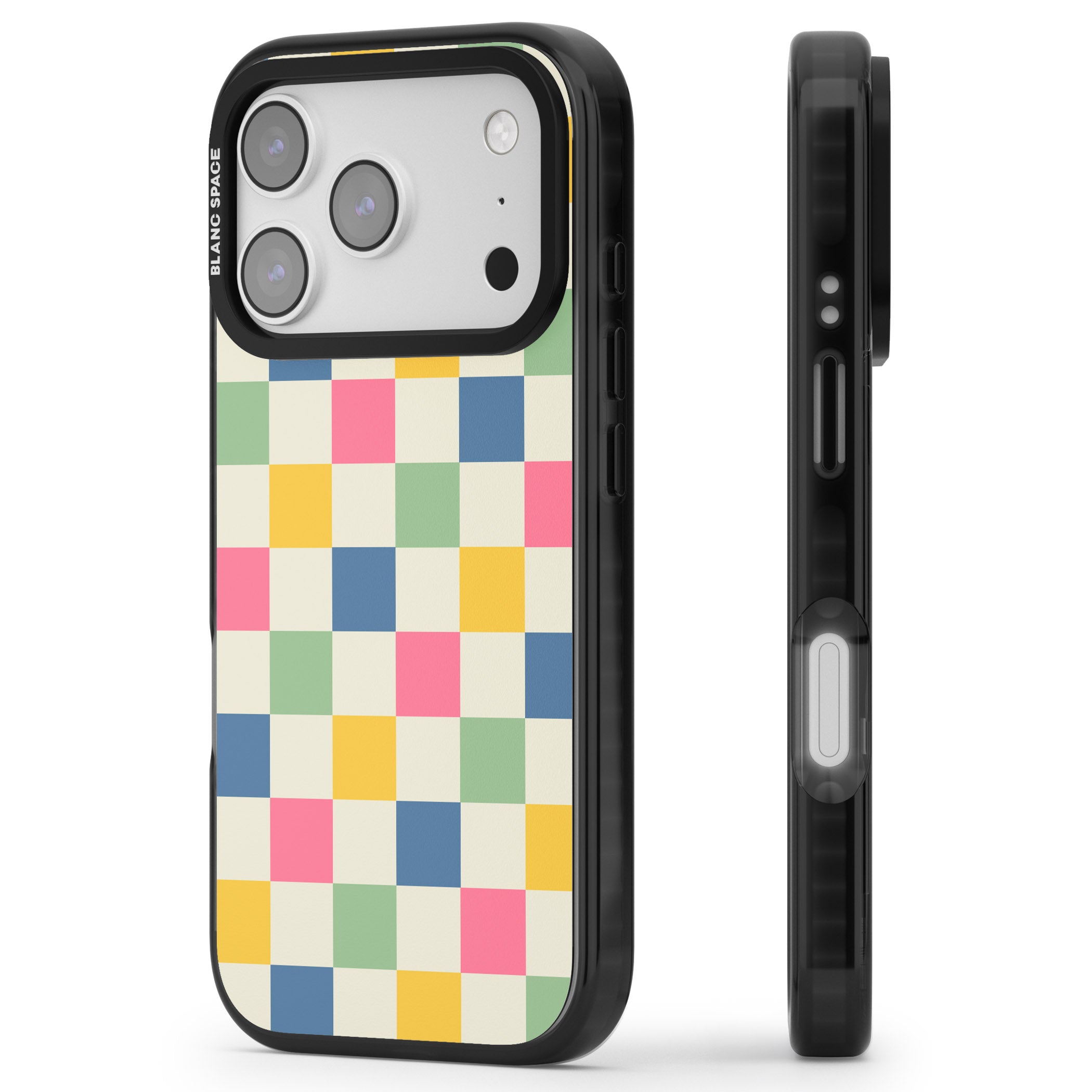 Pastel Multicolor Checkered iPhone 17 Pro Impact Black Phone Case Side Profile