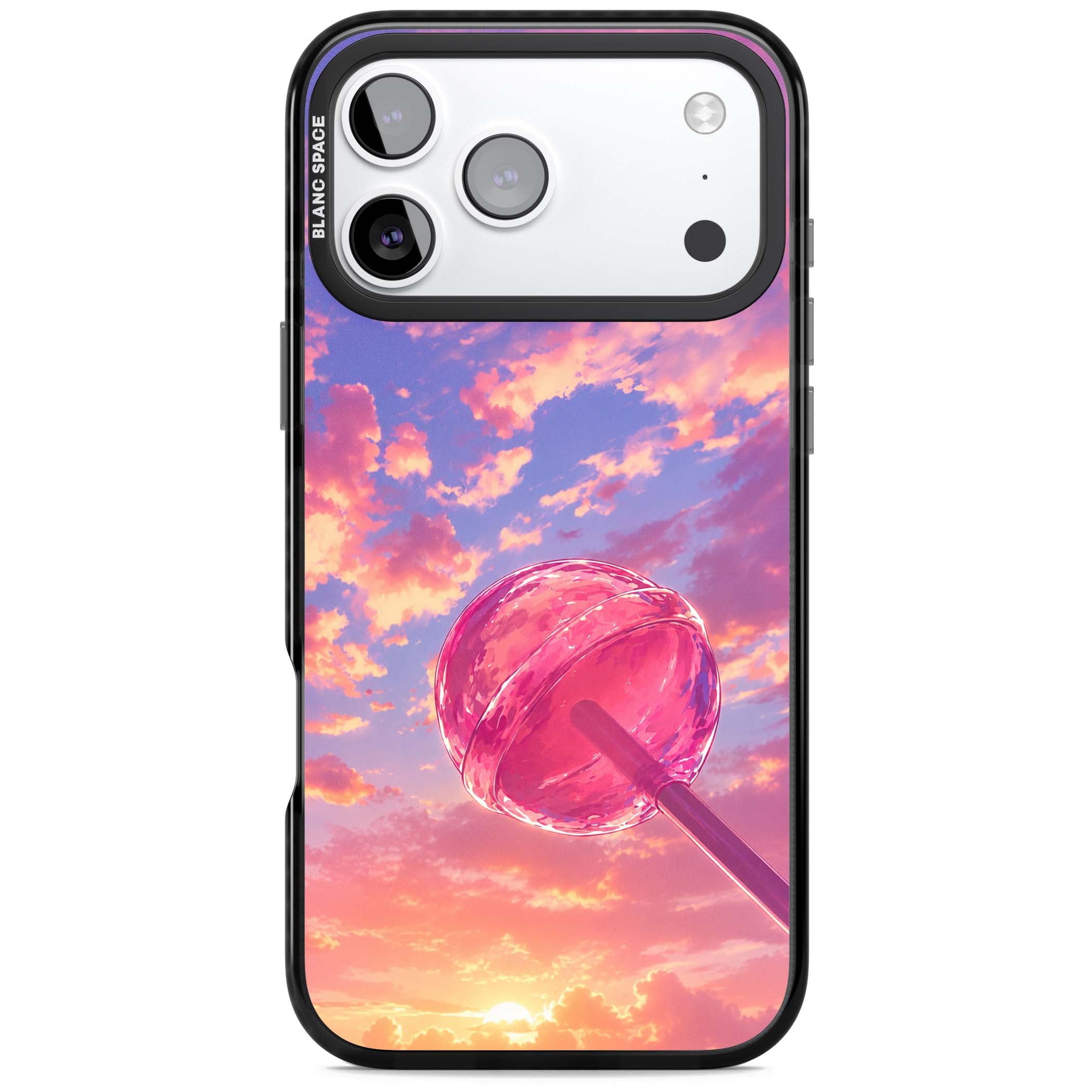 Sugar Sunset candy aesthetic iPhone case featuring a pink lollipop, pastel sunset sky and dreamy clouds | Clear Impact case for iPhone 17 Pro, iPhone 17 Pro Max