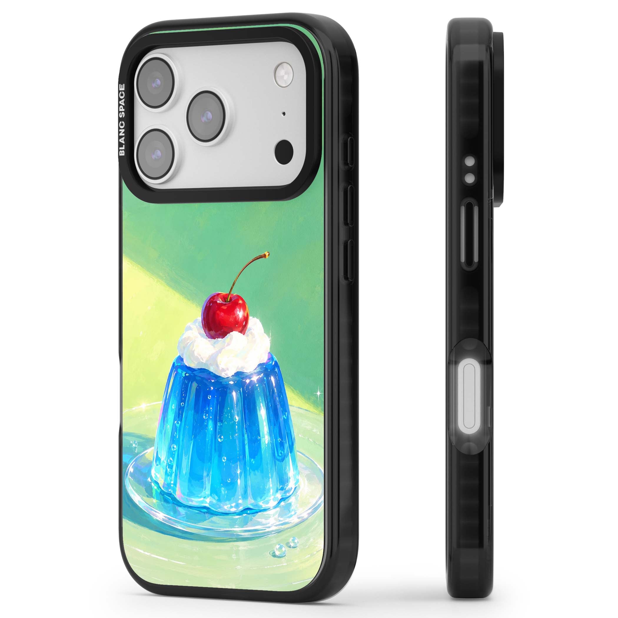 Cherry Jelly kawaii dessert iPhone case featuring blue jelly pudding, whipped cream and a red cherry | Clear Impact case for iPhone 17 Pro, iPhone 17 Pro Max