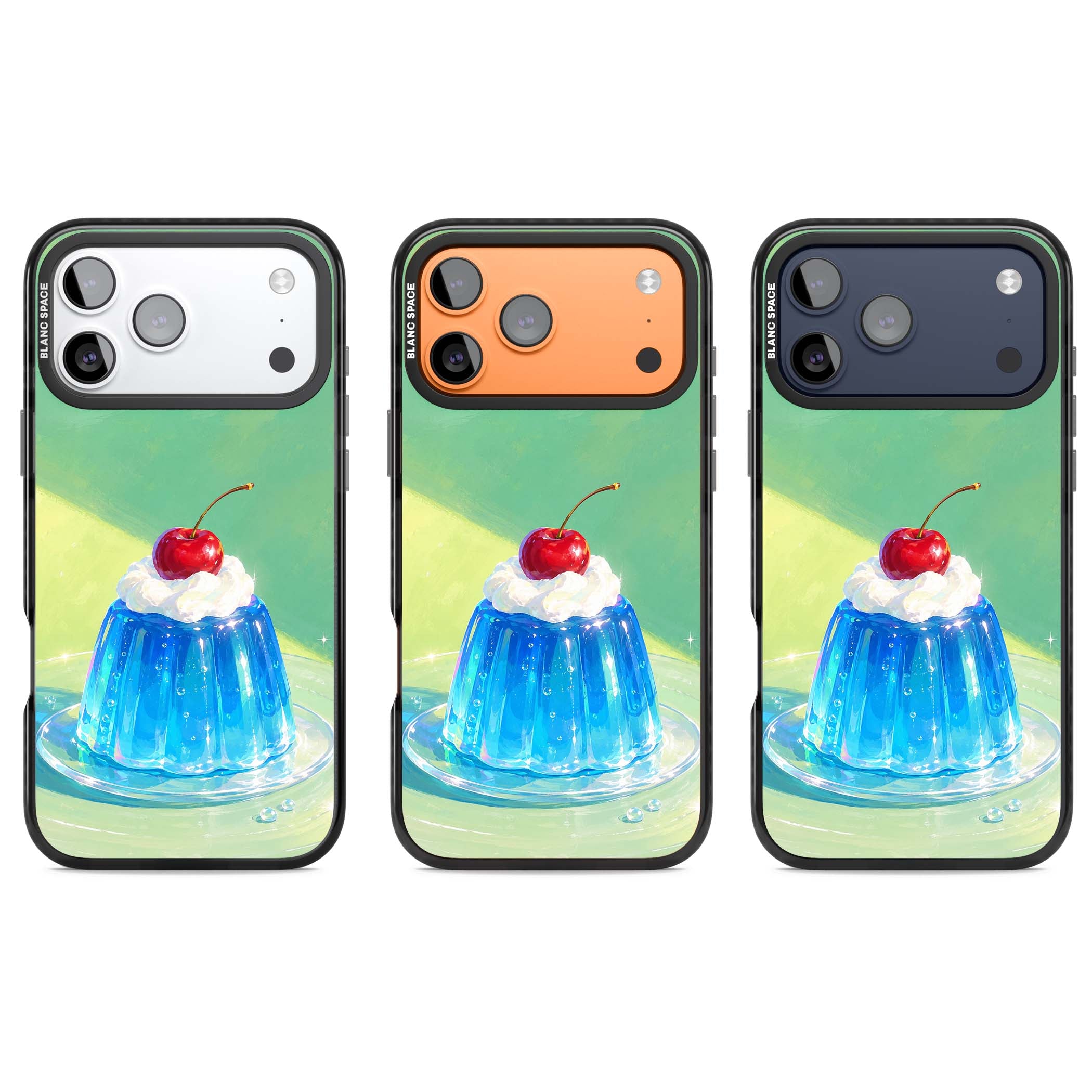 Cherry Jelly kawaii dessert iPhone case featuring blue jelly pudding, whipped cream and a red cherry | Clear Impact case for iPhone 17 Pro, iPhone 17 Pro Max