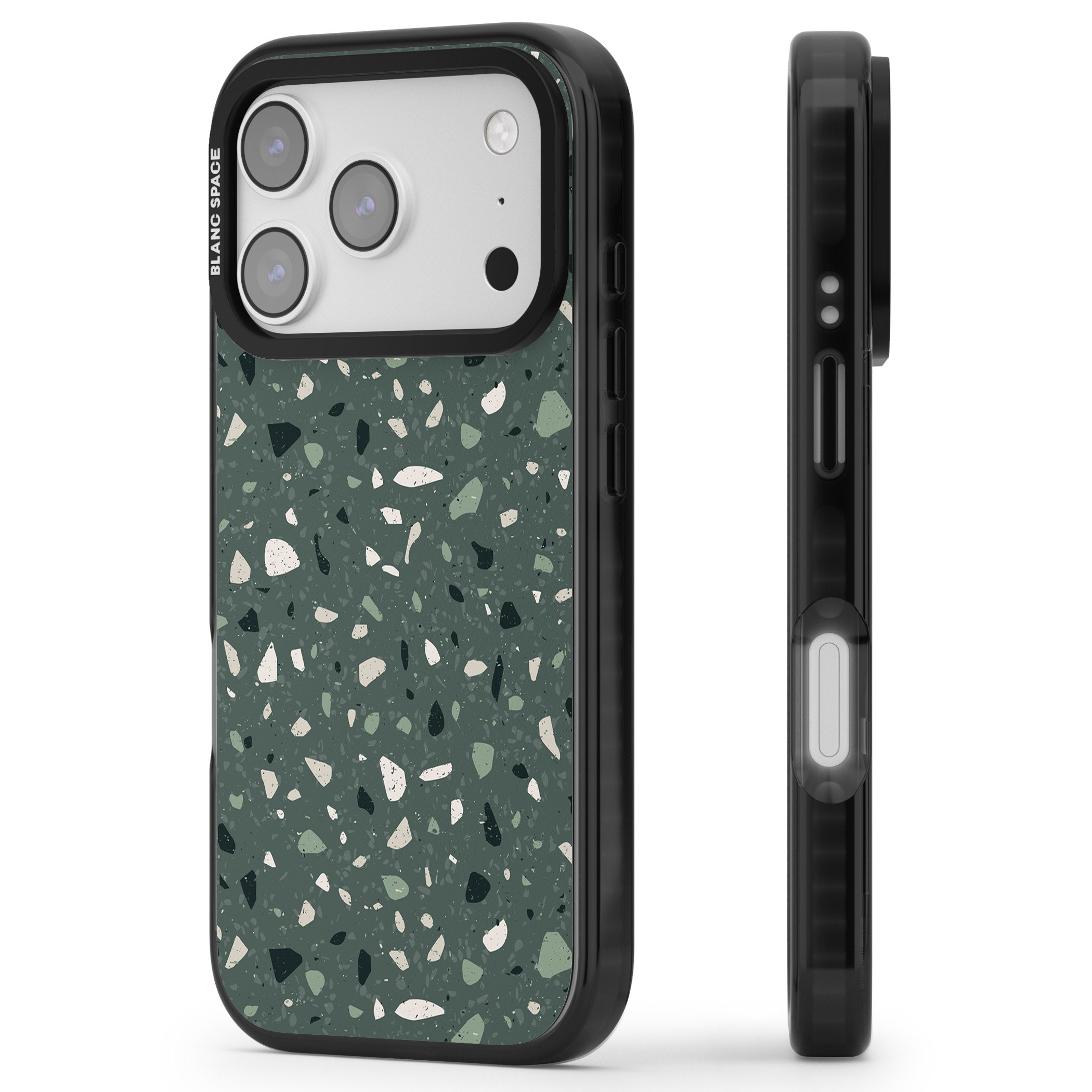 Green & Cream Terrazzo Pattern iPhone 17 Pro Impact Black Phone Case Side Profile