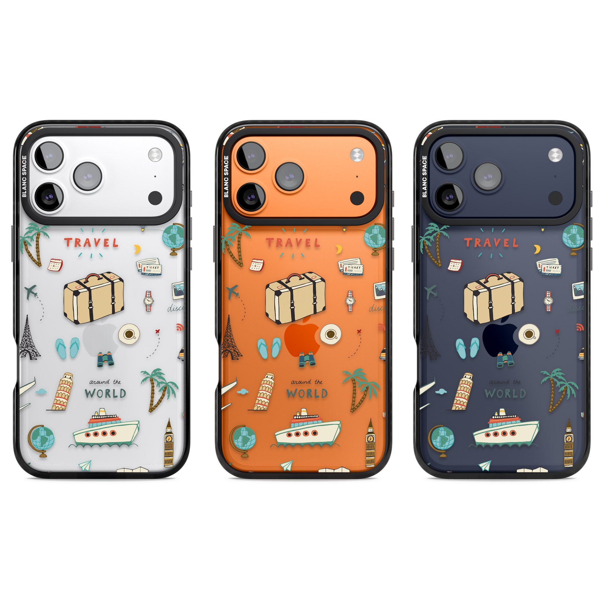 Cute Travel Pattern Transparent iPhone 17 Pro Impact Black Phone Case APT Impact Protection