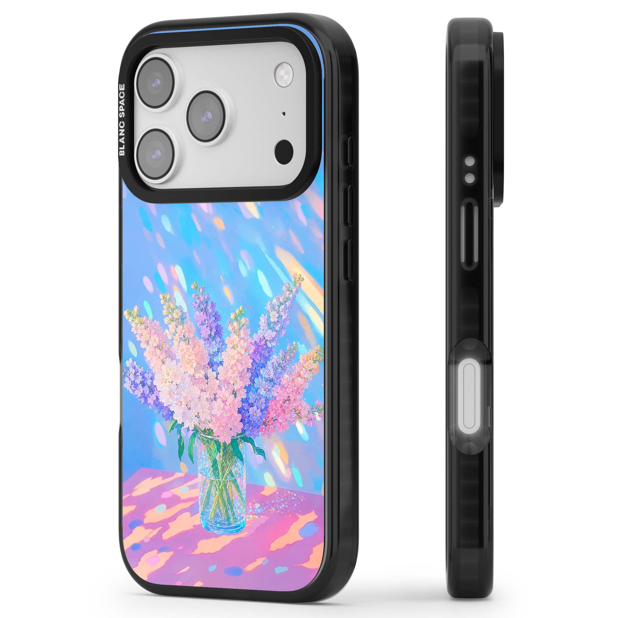 Bubblegum Flowers floral iPhone case featuring pastel lilac and pink bouquet in a glass vase with iridescent light | Clear Impact case for iPhone 17 Pro, iPhone 17 Pro Max