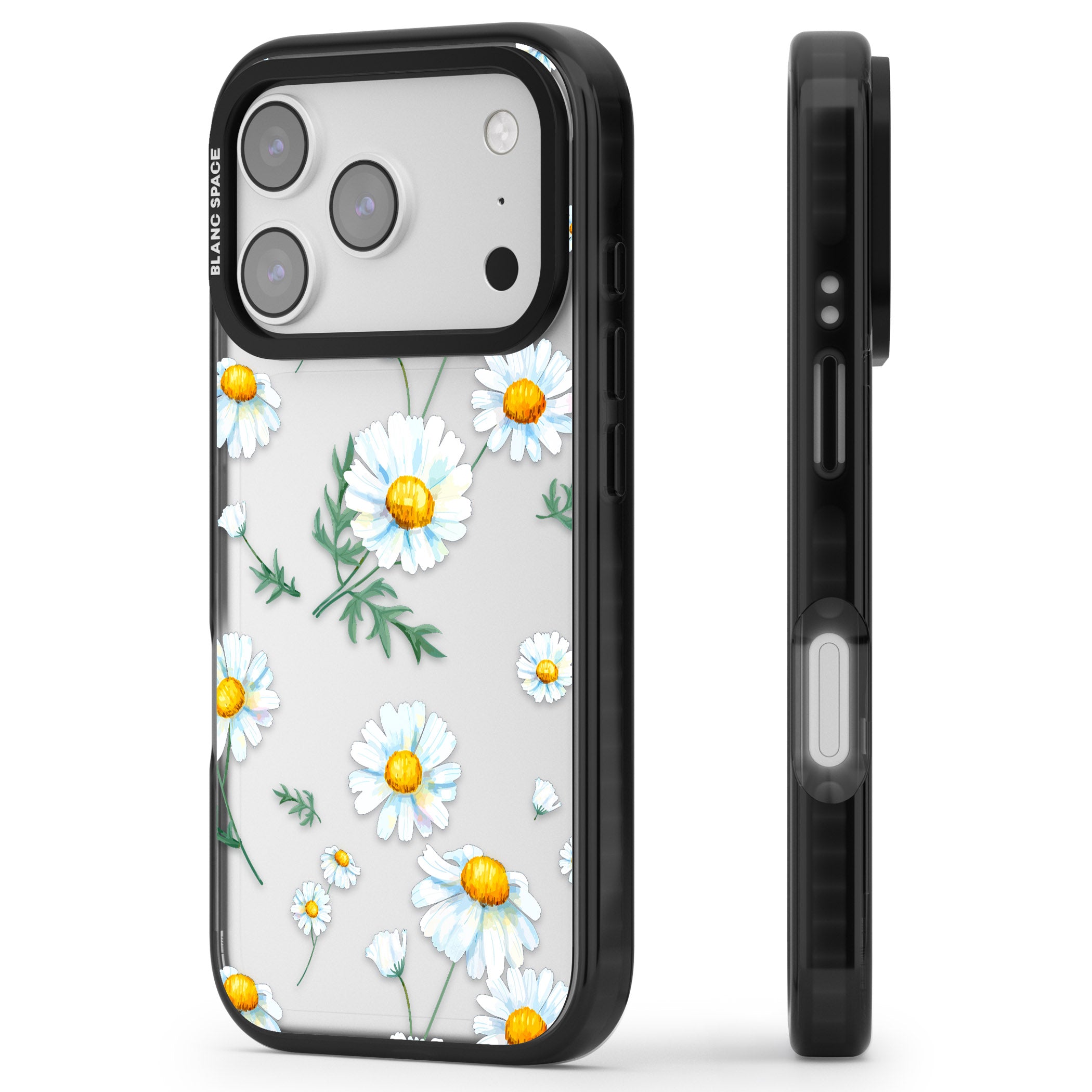 Vintage Painted Daisies iPhone 17 Pro Impact Black Phone Case Side Profile