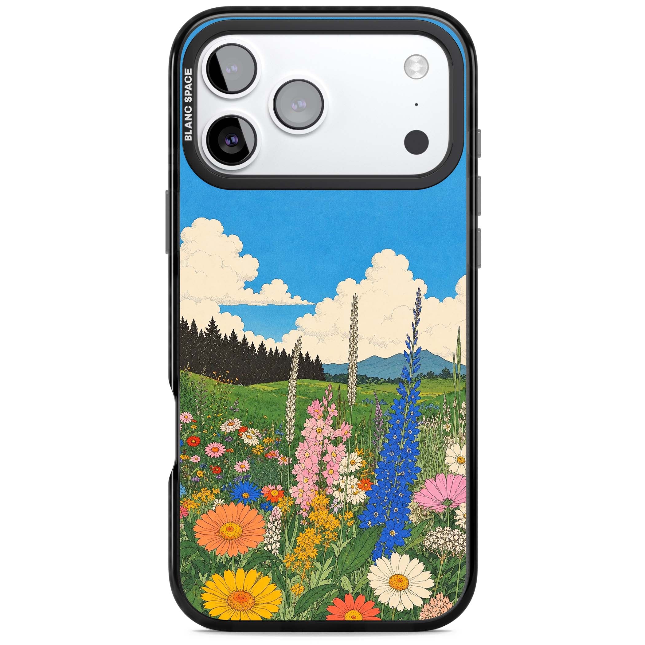 Wildbloom wildflower iPhone case featuring a vintage Japanese-style meadow landscape with daisies, delphiniums and moun | Clear Impact case for iPhone 17 Pro, iPhone 17 Pro Max