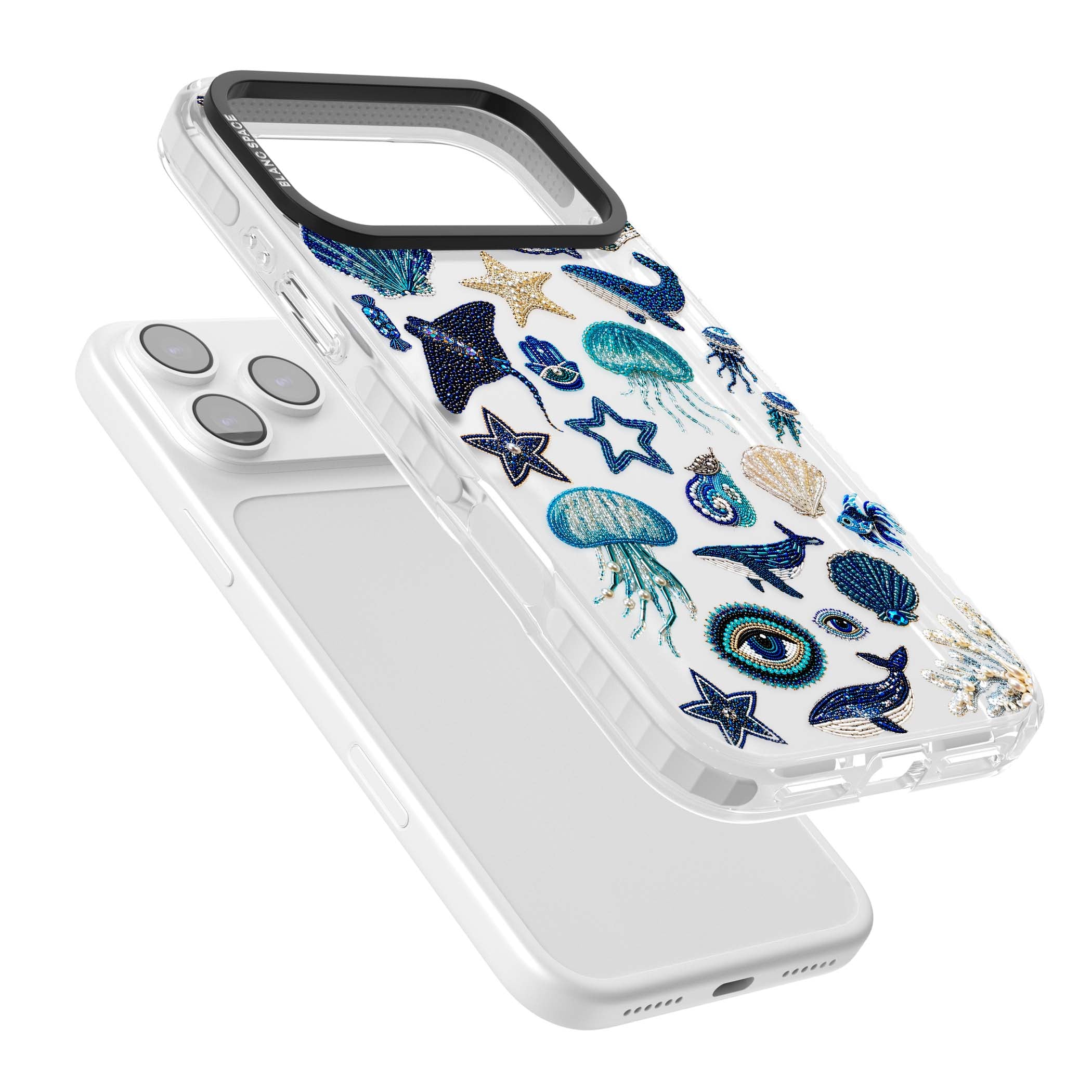 Beaded Coastal coastal iPhone case featuring embroidered seashells, jellyfish and a blue whale on clear | Black Impact case for iPhone 17 Pro, iPhone 17 Pro Max