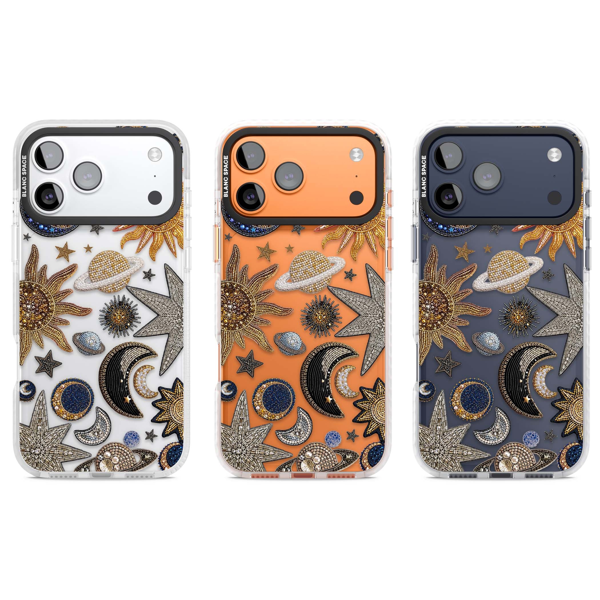 Beaded Cosmos celestial iPhone case featuring embroidered golden suns, beaded planets and silver shooting stars | Black Impact case for iPhone 17 Pro, iPhone 17 Pro Max