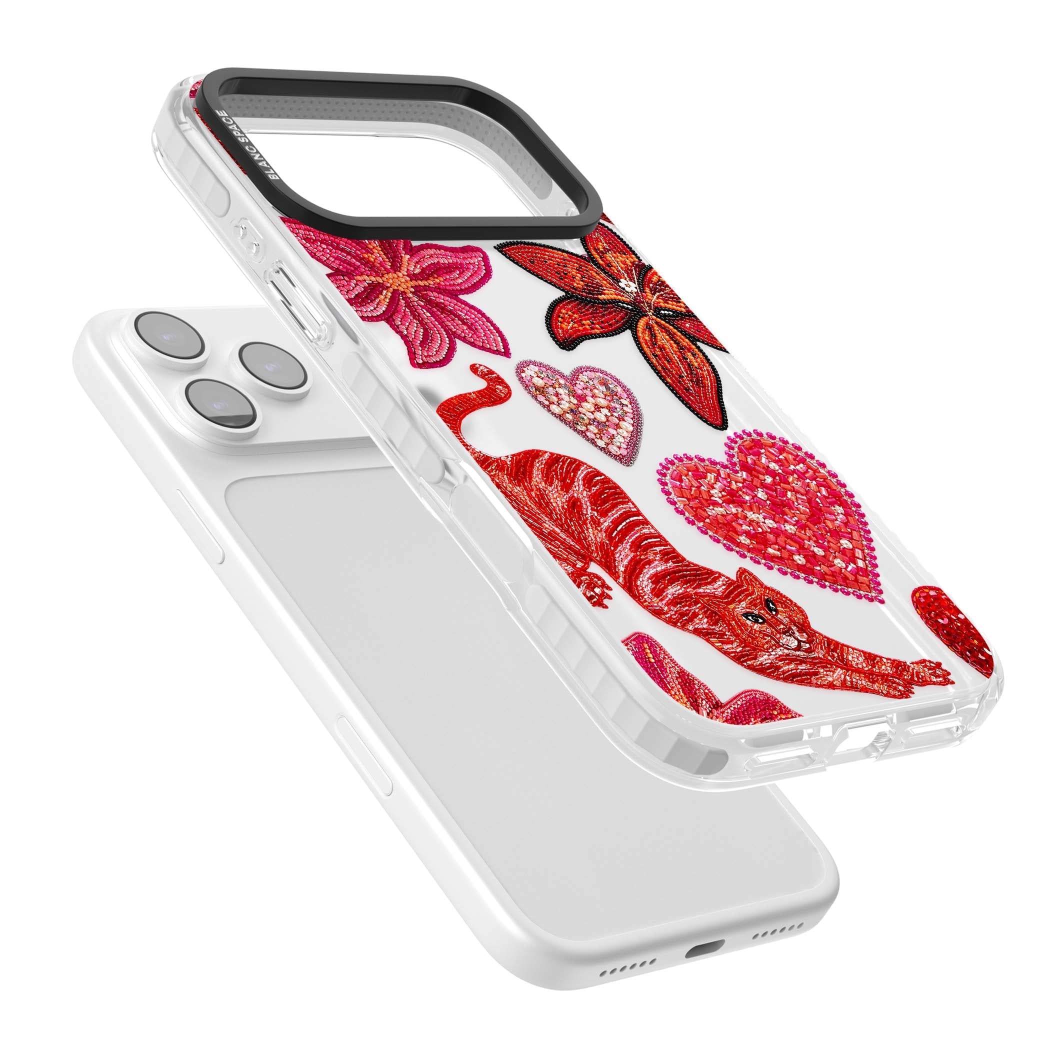 Beaded Boho floral iPhone case featuring beaded red lilies, a stitched tiger, and pearl-encrusted hearts on clear | Black Impact case for iPhone 17 Pro, iPhone 17 Pro Max