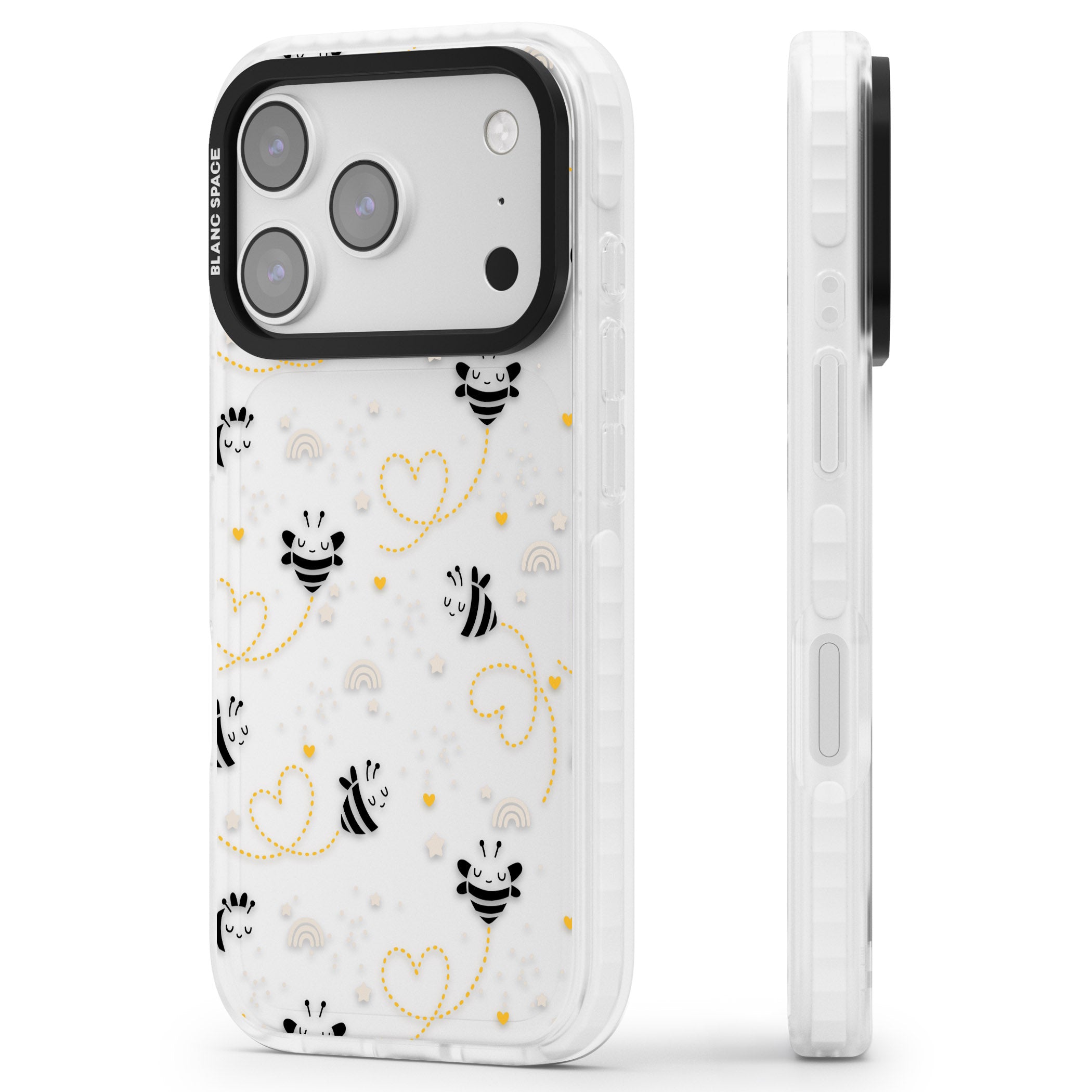 Bee Hearts Pattern iPhone 17 Pro Impact Clear Phone Case Side Profile
