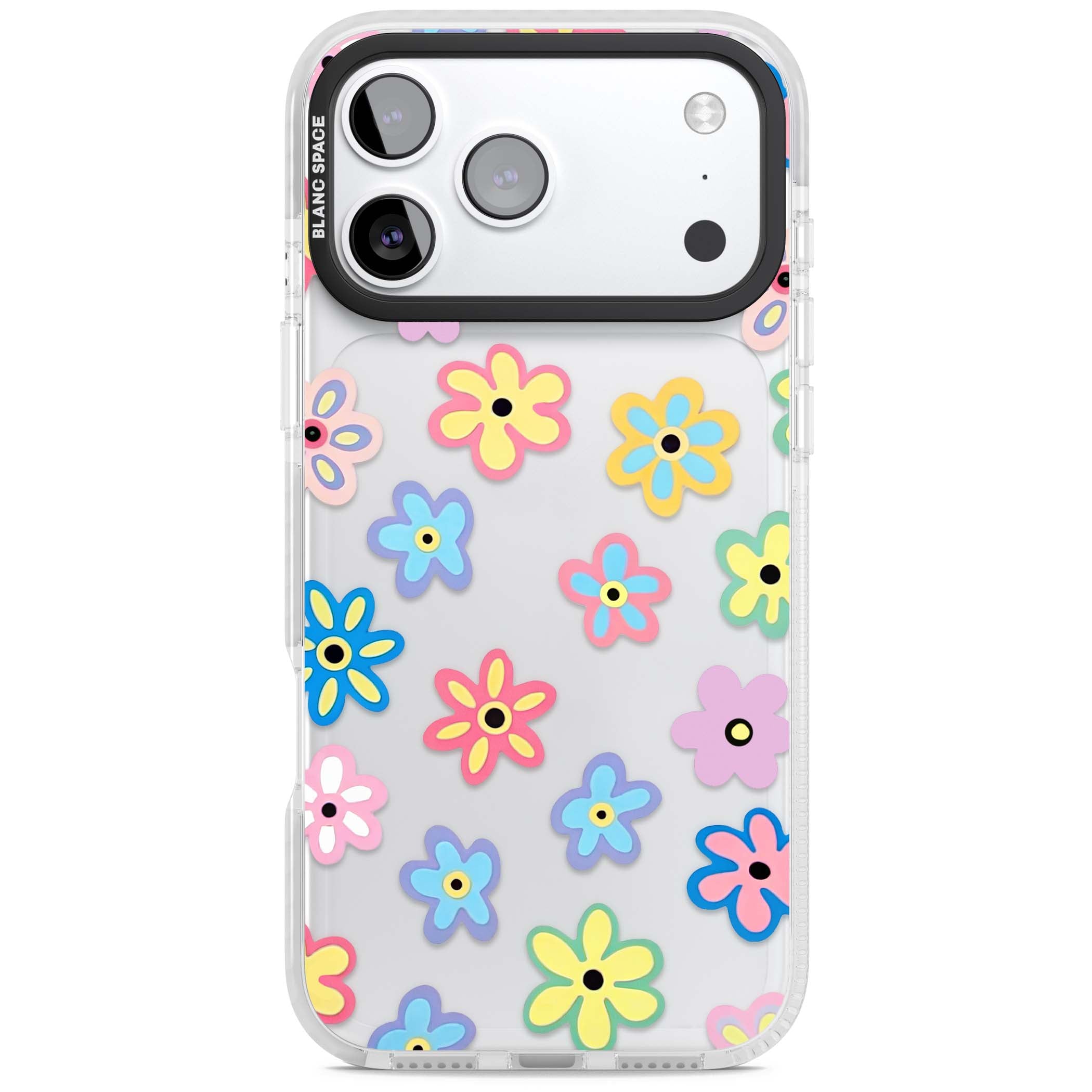 Bloom Pop cottagecore iPhone case featuring multicolor pastel flowers with black centers on clear background | Black Impact case for iPhone 17 Pro, iPhone 17 Pro Max