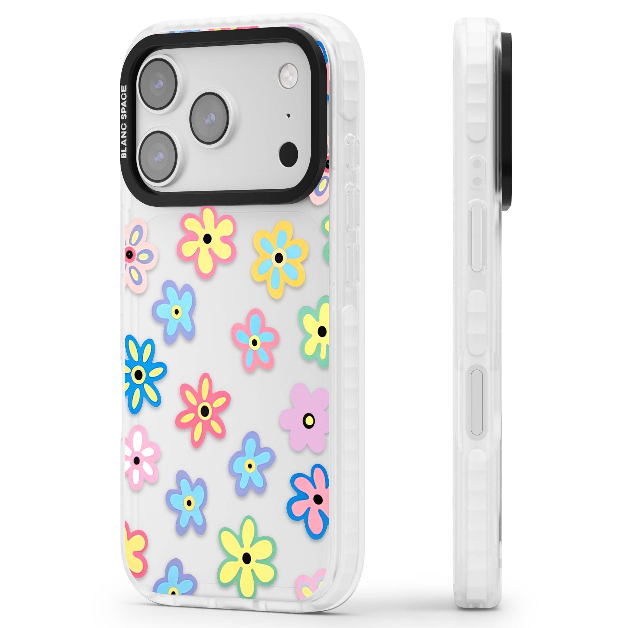Bloom Pop cottagecore iPhone case featuring multicolor pastel flowers with black centers on clear background | Black Impact case for iPhone 17 Pro, iPhone 17 Pro Max