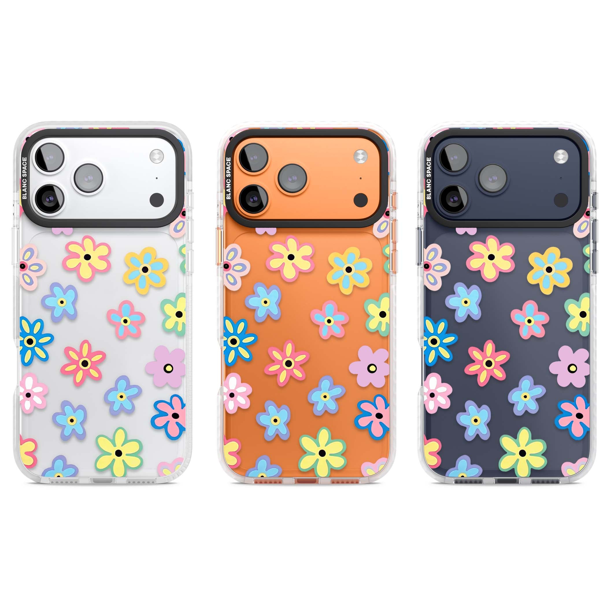 Bloom Pop cottagecore iPhone case featuring multicolor pastel flowers with black centers on clear background | Black Impact case for iPhone 17 Pro, iPhone 17 Pro Max