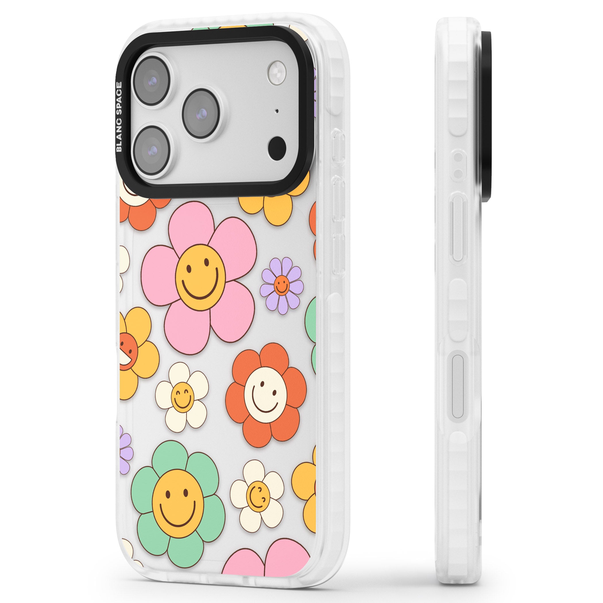 Happy Blossoms iPhone 17 Pro Impact Clear Phone Case Side Profile