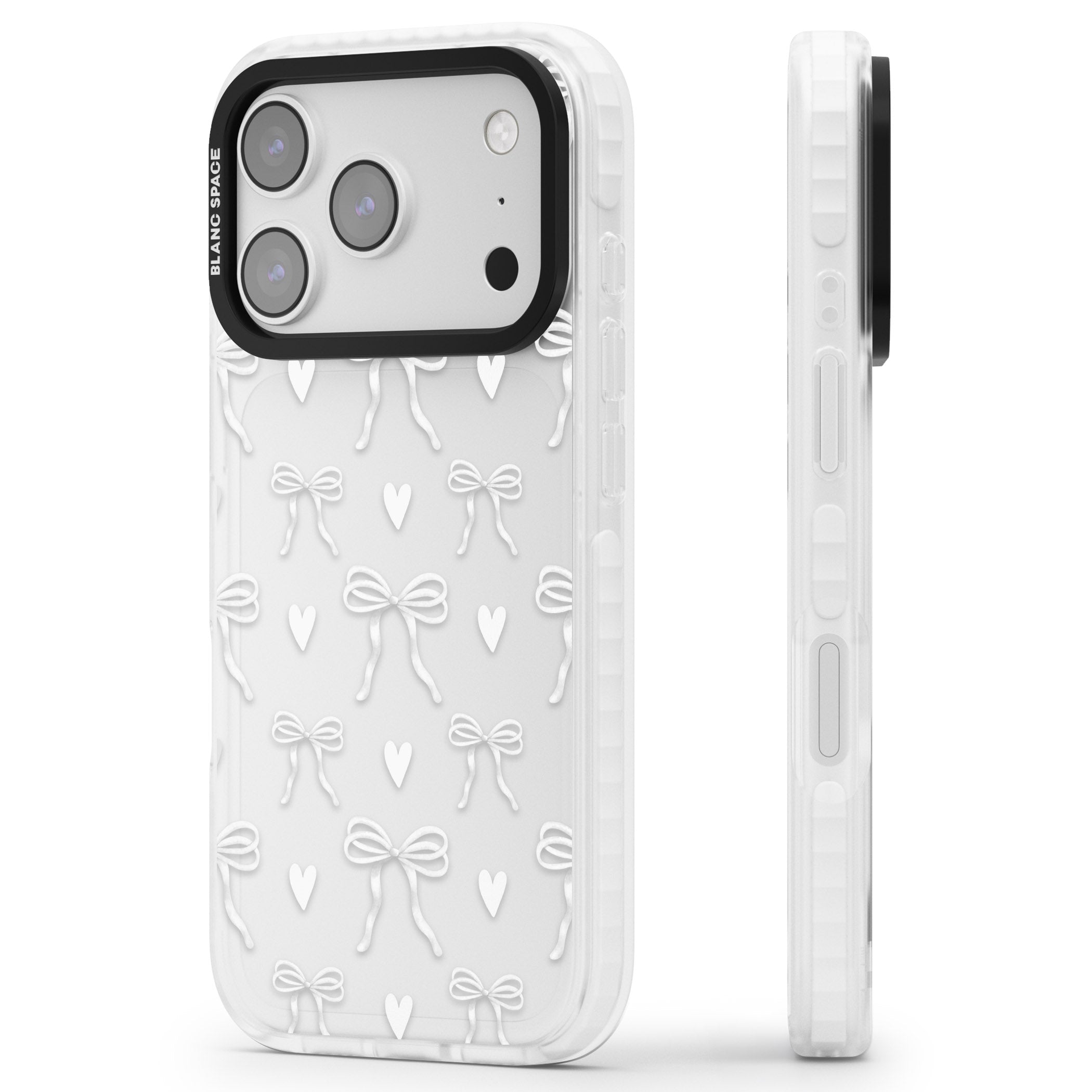 White Bows & Hearts iPhone 17 Pro Max Impact Clear Phone Case Side Profile