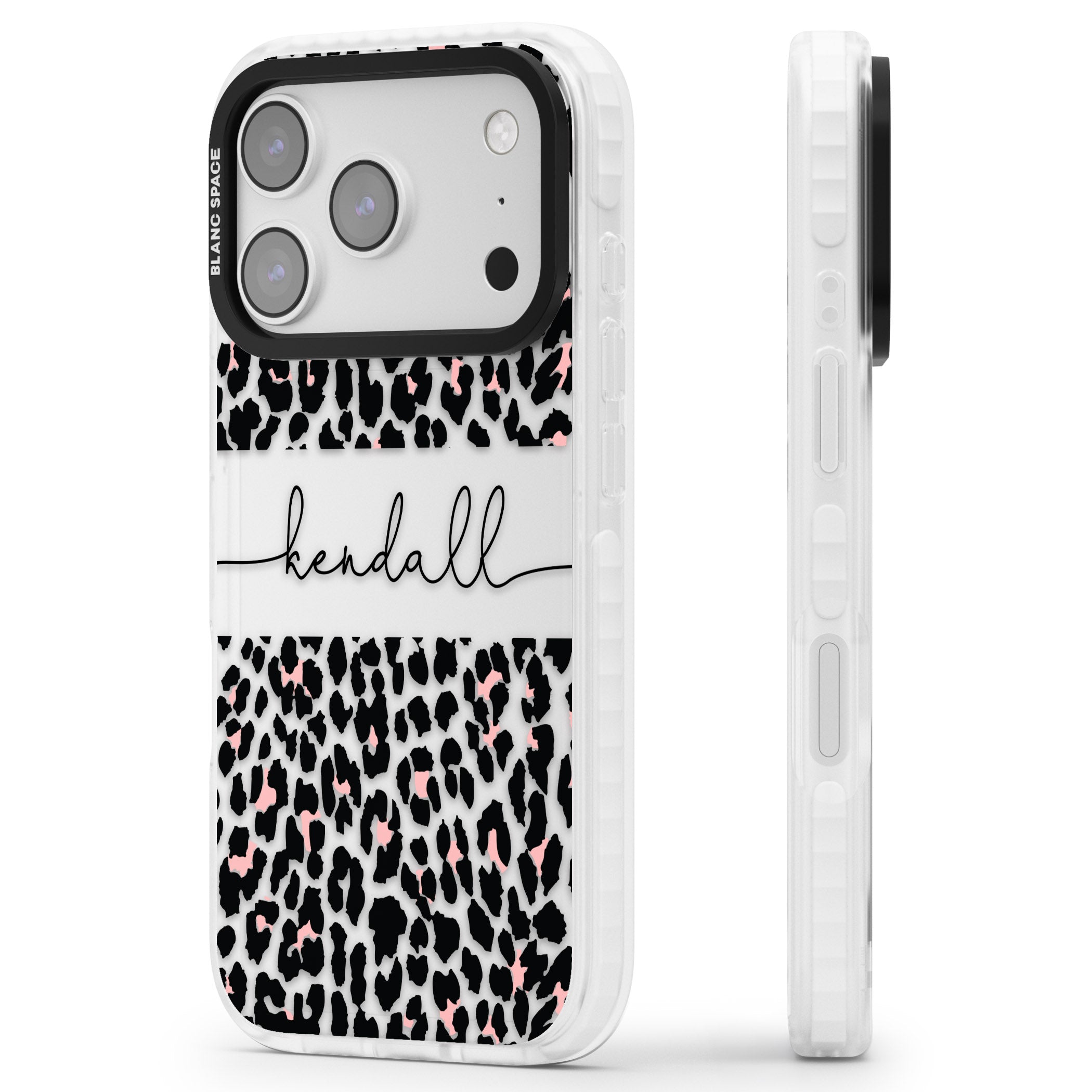 Personalised Cursive Leopard Spots iPhone 17 Pro Max Impact Clear Phone Case Side Profile