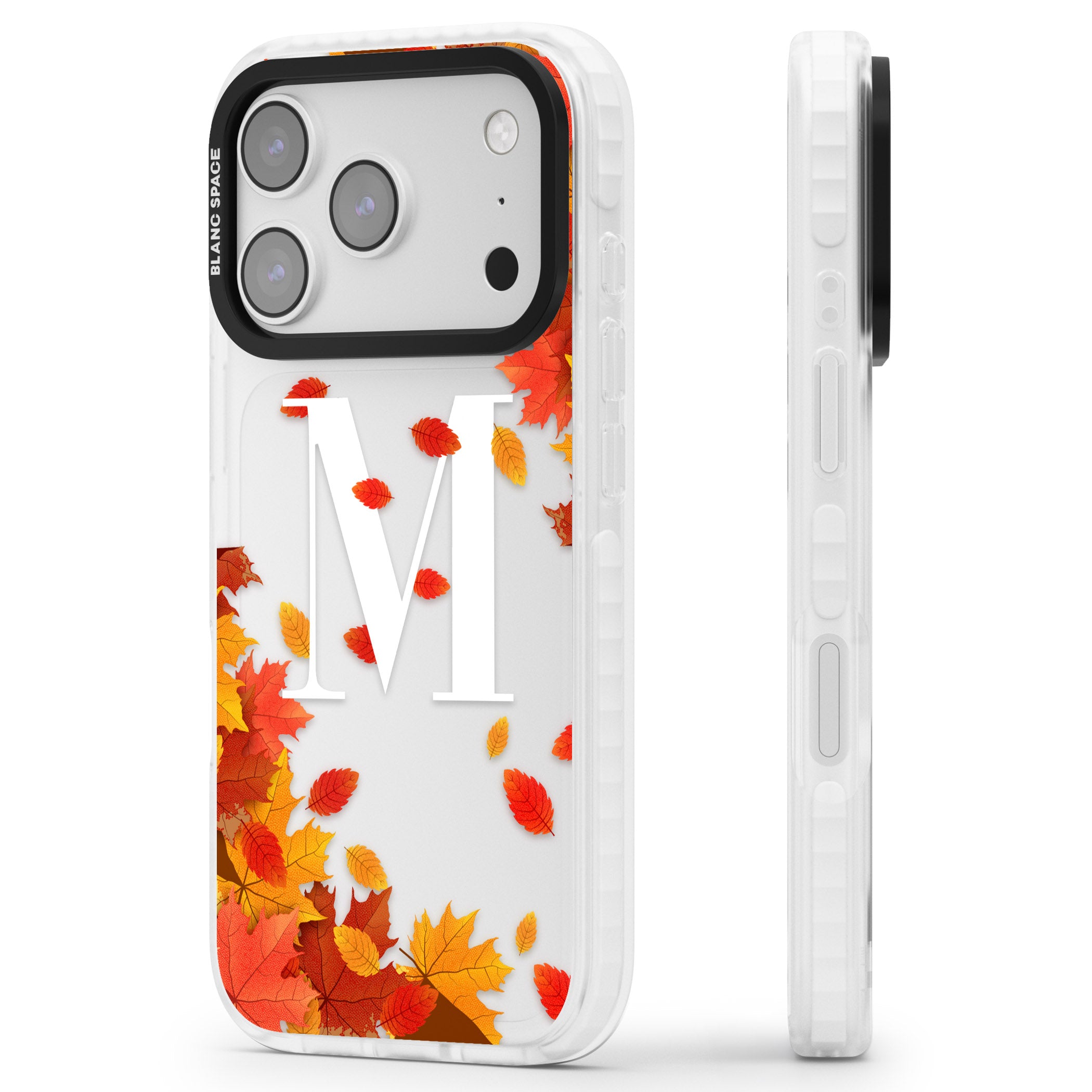 Personalised Autumn Leaves Monogram iPhone 17 Pro Max Impact Clear Phone Case Side Profile