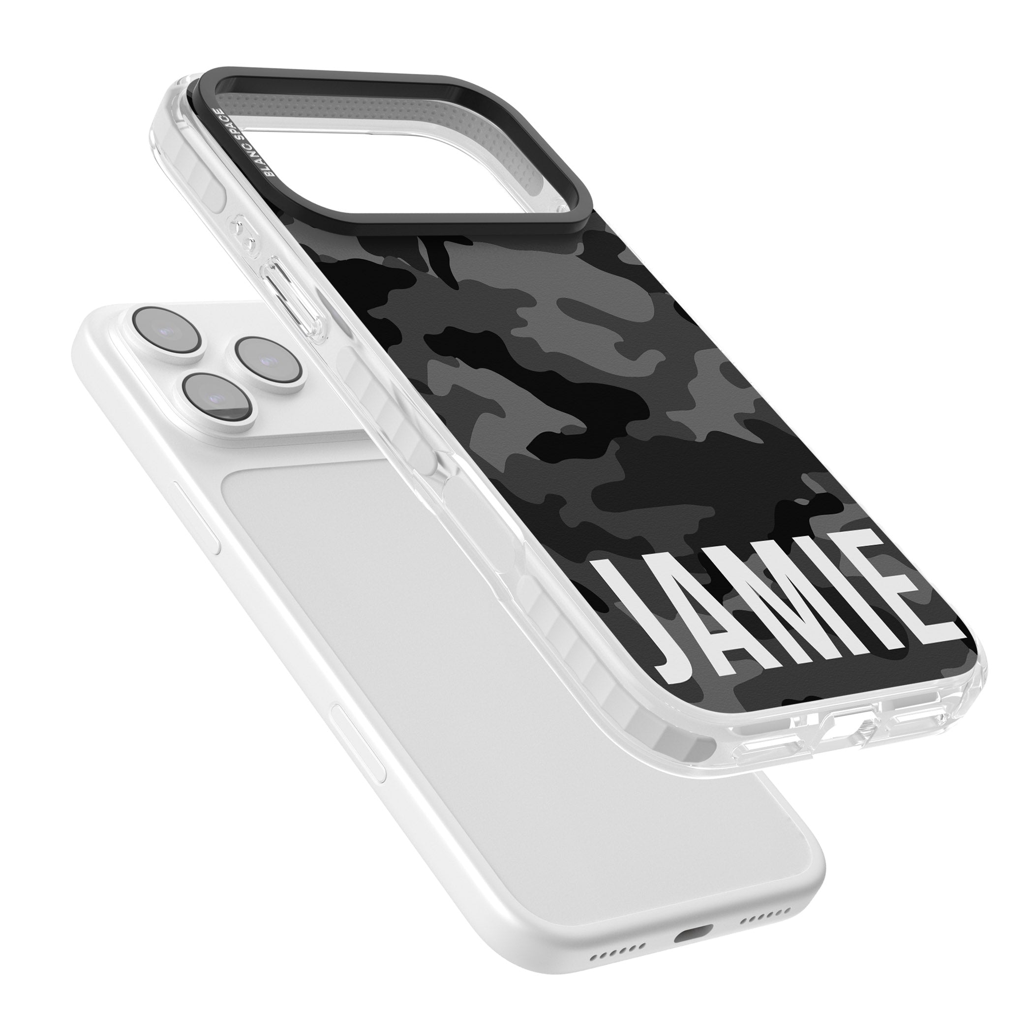 Personalised Black Camo Name Horizontal iPhone 17 Pro Impact Clear Phone Case Colours