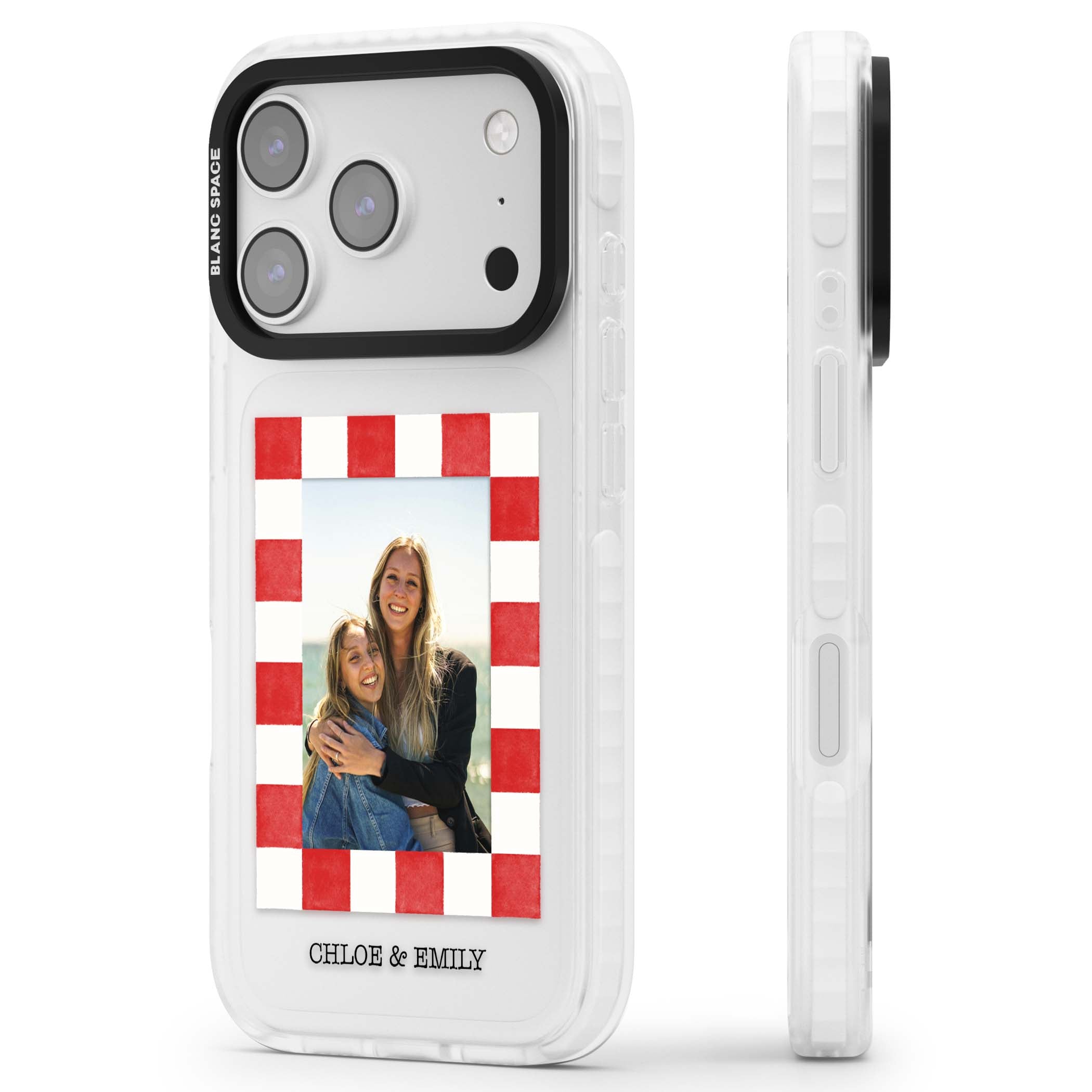 Red Check Photo personalised photo iPhone case with red and white checkered polaroid frame and custom couple name | Black Impact case for iPhone 17 Pro, iPhone 17 Pro Max
