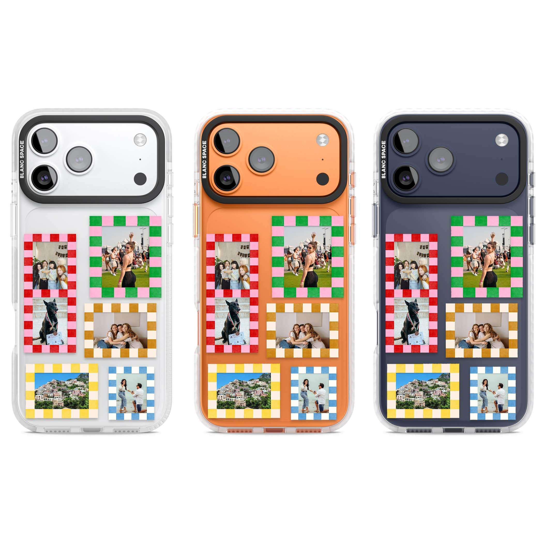 Italian Check Frames custom photo collage iPhone case featuring six checkered photo frames in red, green, pink and | Black Impact case for iPhone 17 Pro, iPhone 17 Pro Max