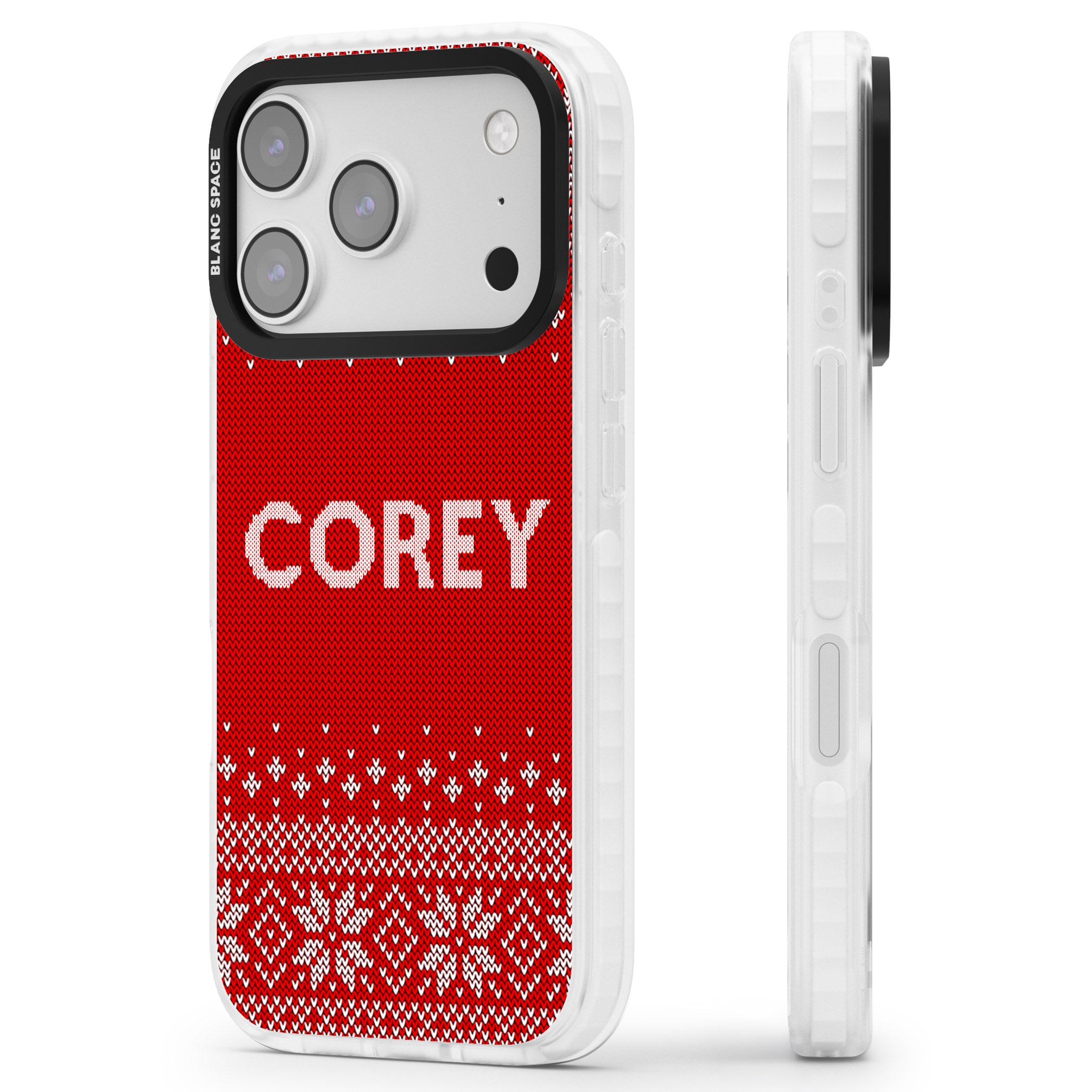 Personalised Red Christmas Knit iPhone 17 Pro Max Impact Clear Phone Case Side Profile