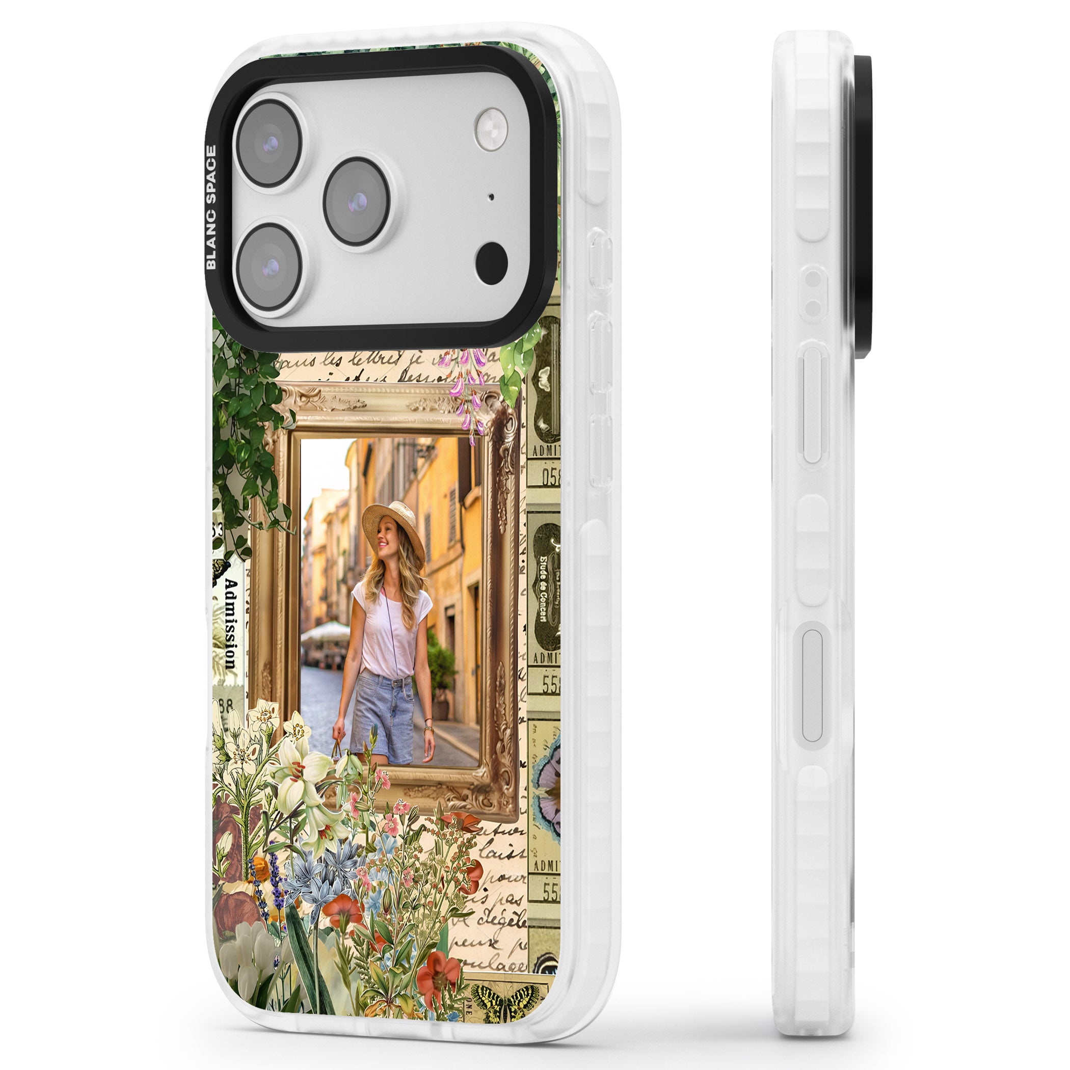 Personalised Tuscan Floral Collage Frame iPhone 17 Pro Max Impact Clear Phone Case Side Profile