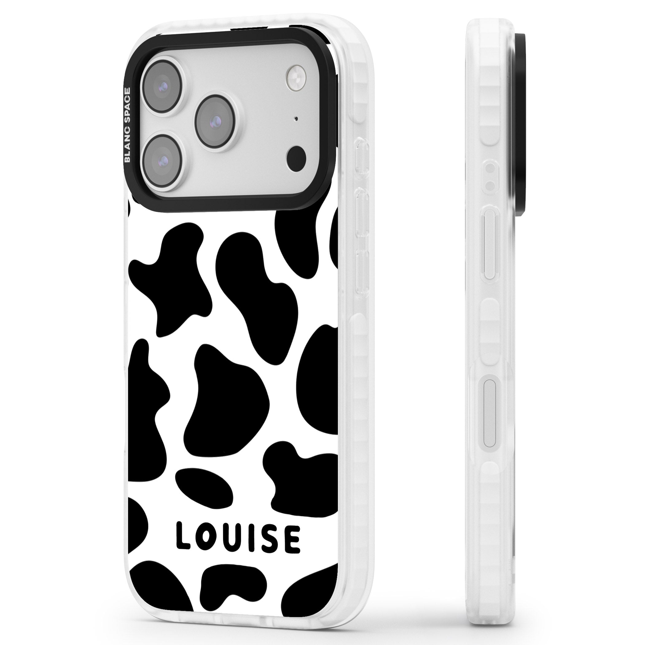 Personalised Cow Print iPhone 17 Pro Impact Clear Phone Case Side Profile