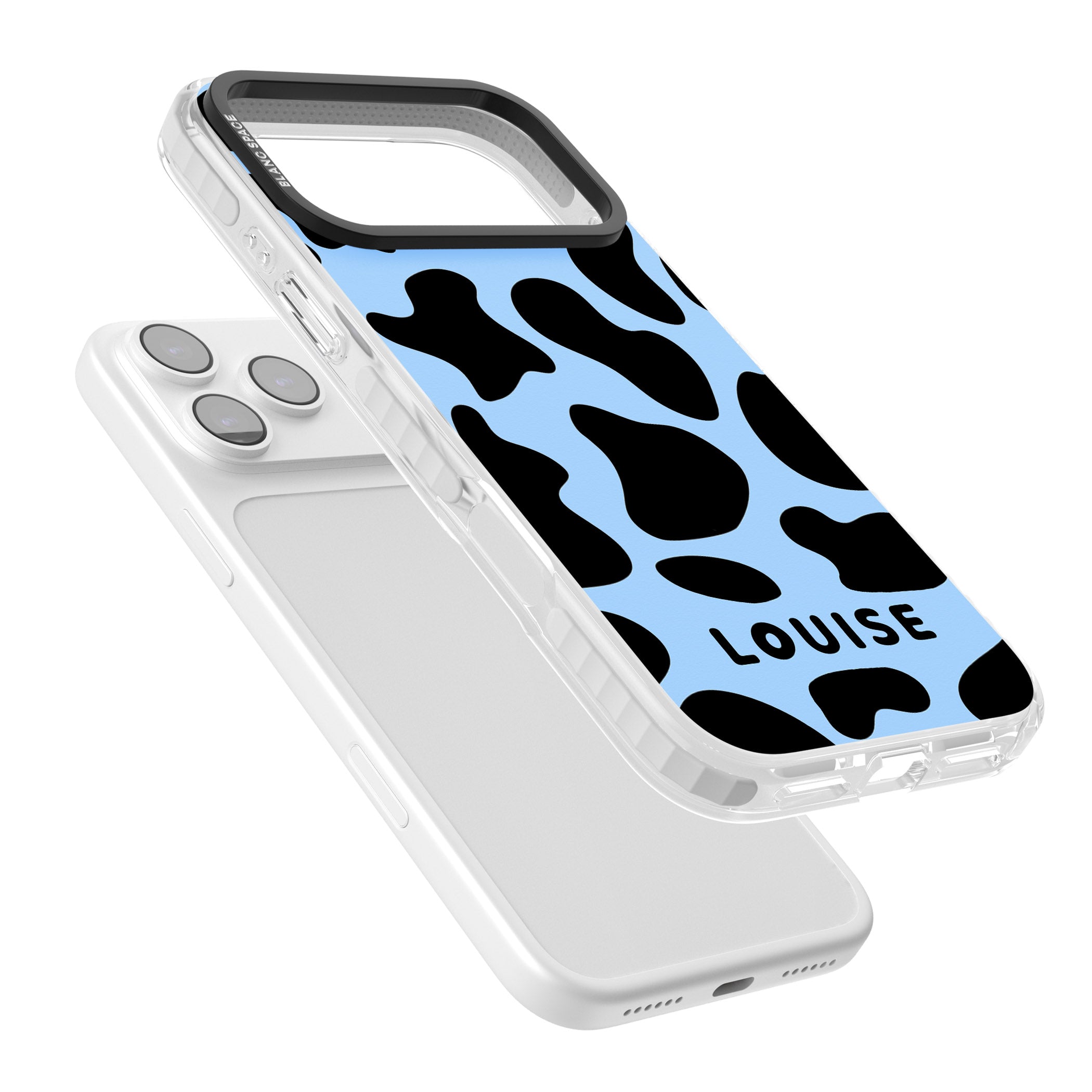 Personalised Blue And Black Cow Print iPhone 17 Pro Impact Clear Phone Case Colours