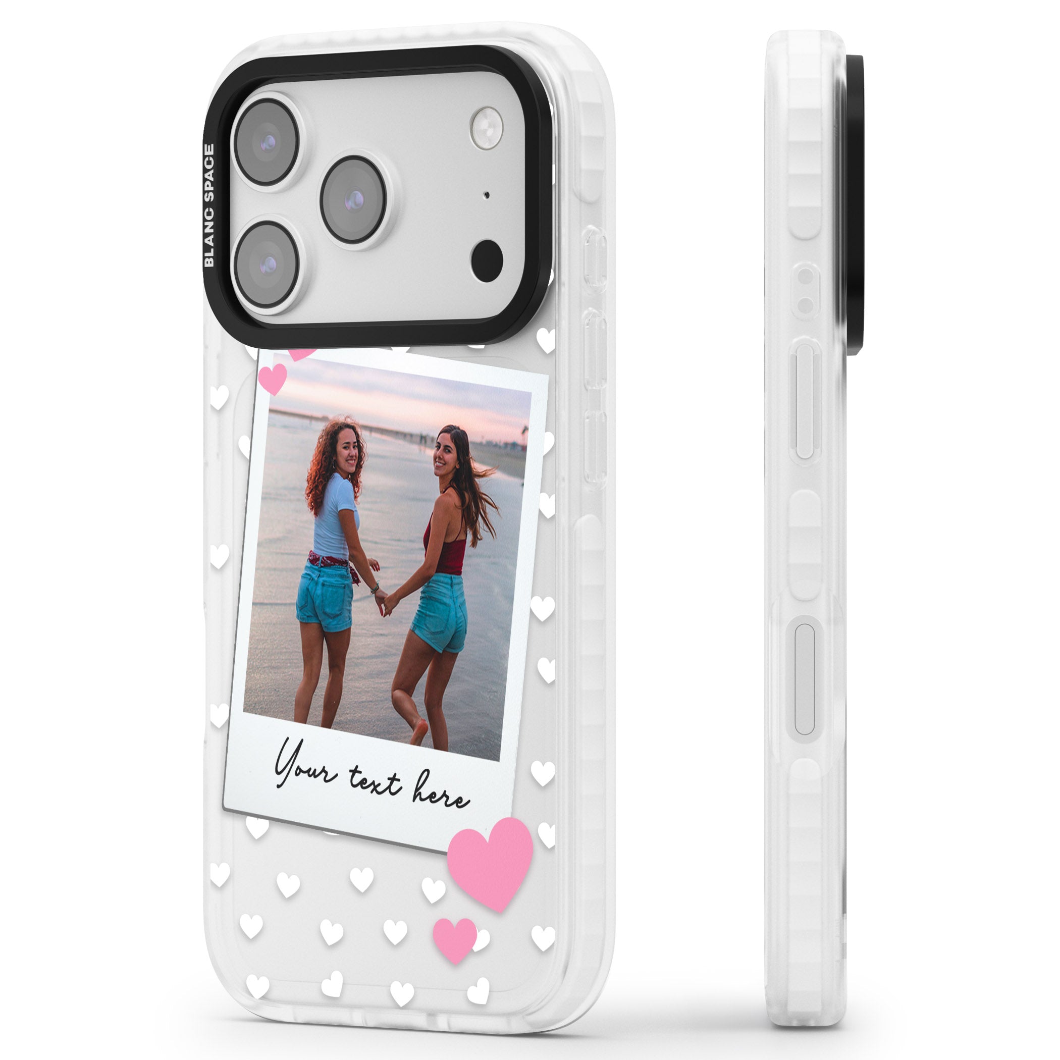 Personalised Hearts Instant Camera Photo iPhone 17 Pro Impact Clear Phone Case Side Profile