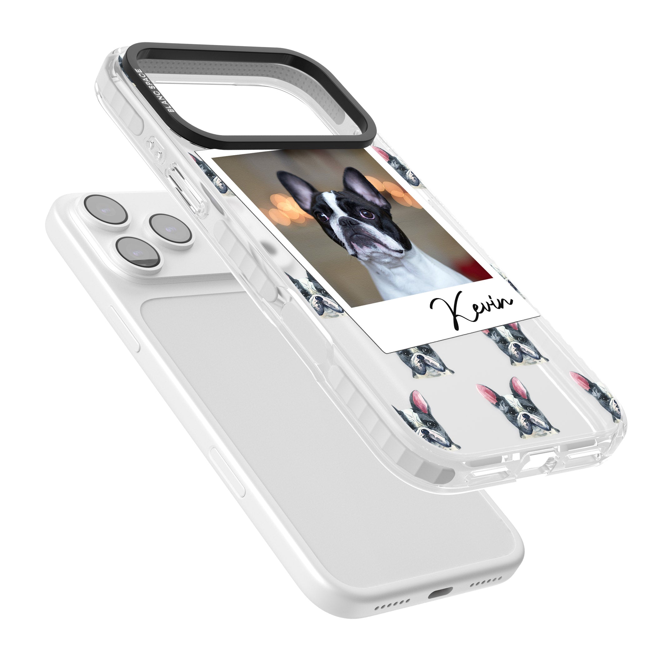 Personalised Black & White French Bulldog Instant Camera Photo iPhone 17 Pro Impact Clear Phone Case Colours