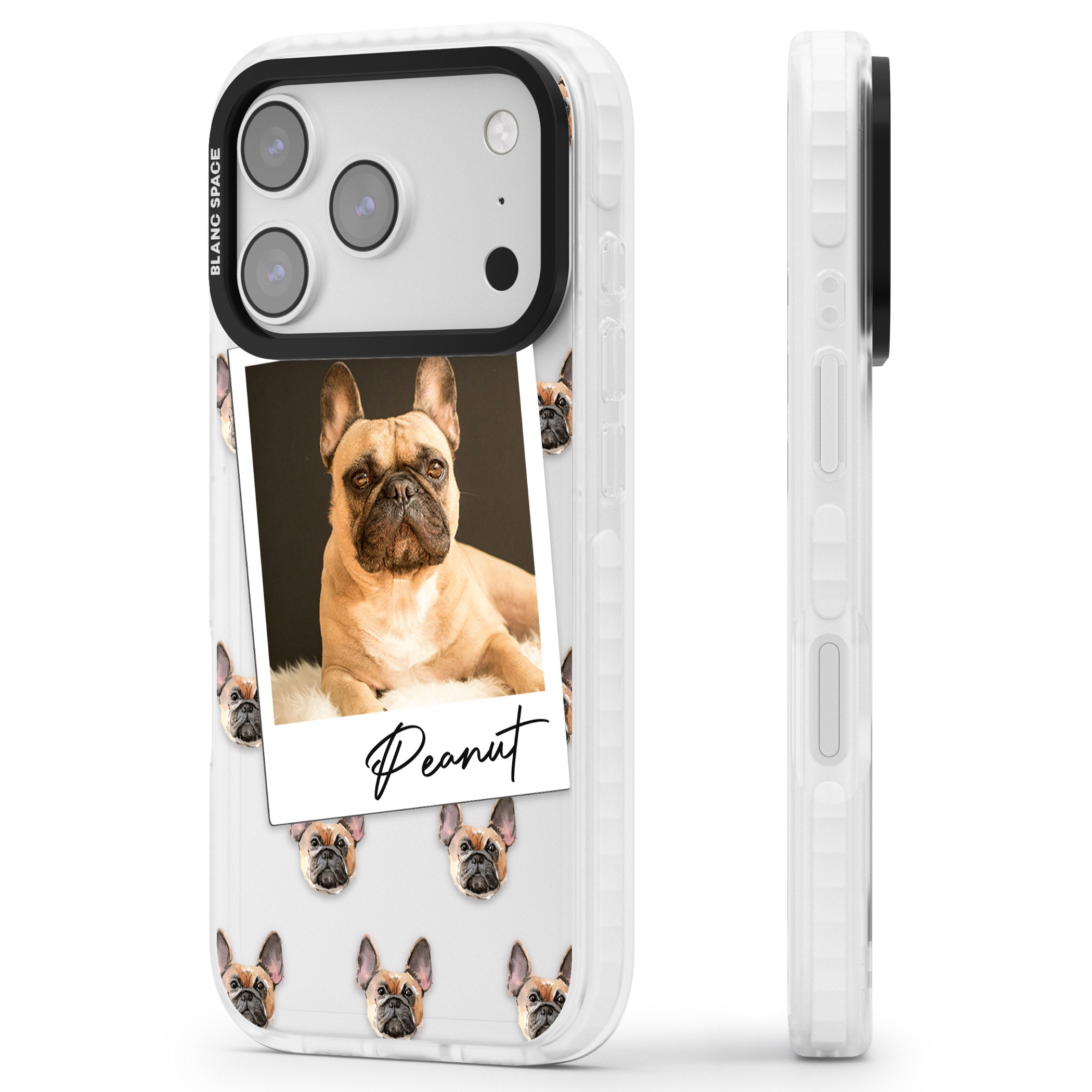 Personalised Tan French Bulldog Instant Camera Photo iPhone 17 Pro Impact Clear Phone Case Side Profile