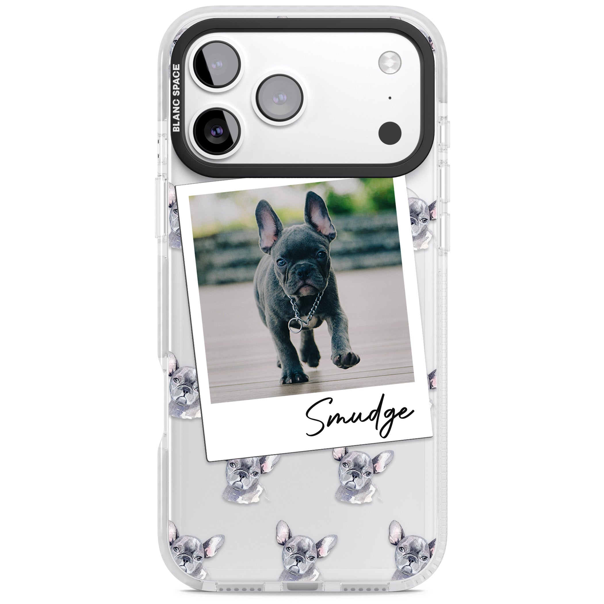 Personalised Grey French Bulldog Instant Camera Photo iPhone 17 Pro Max Impact Clear Phone Case
